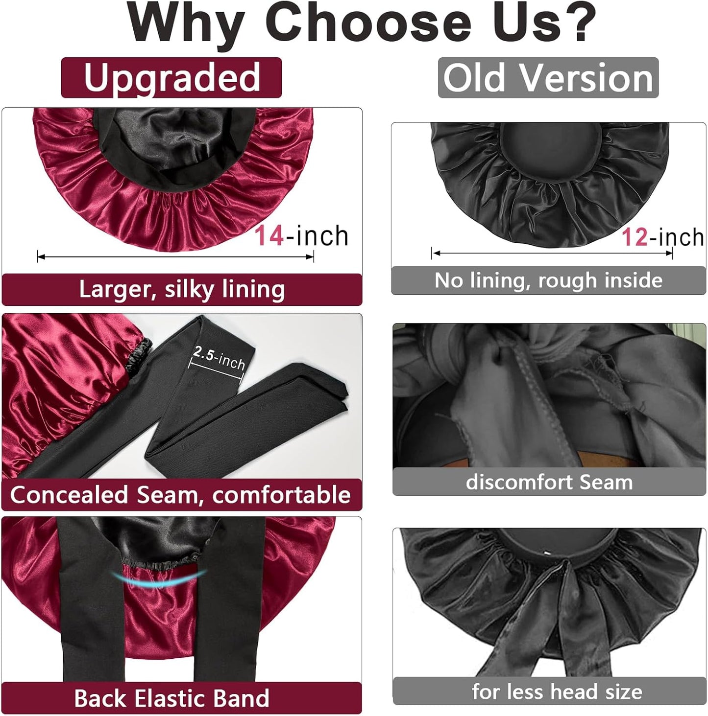 Double Layered Silk Satin Bonnet with Tie for Sleeping Black Women, Wide Band Large Hair Wrap Sleep Cap for Curly Hair Braid
