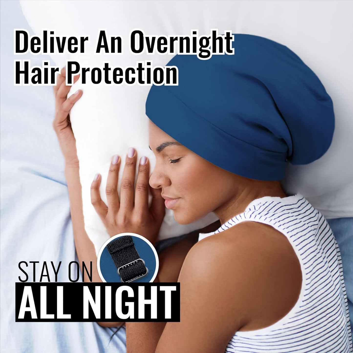 Satin Lined Sleep Cap Bonnet for Curly Hair and Braids, Stay On All Night Hair Wrap with Adjustable Strap for Women and Men, Bijou Blue, Pack of 1