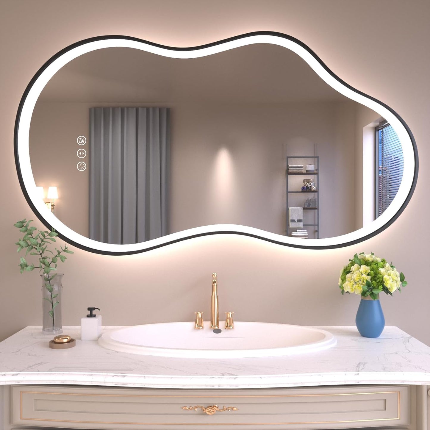 WTTY LED Irregular Bathroom Mirror 20x36 Inch with Front & Back Lights - Asymmetrical Design, Anti-Fog, Dimmable 3 Color Temperatures, Shatterproof Glass, Horizontal or Vertical Mount (Black Frame)