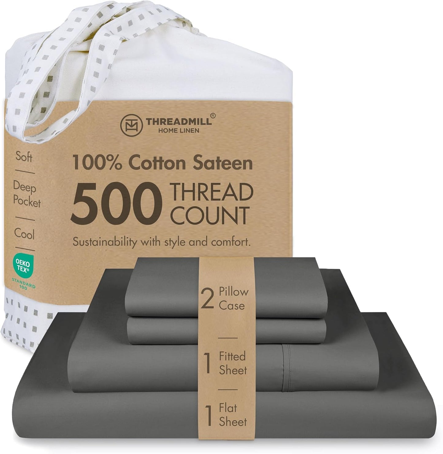 Threadmill - Hotel Luxury Sheets King Size 100% Cotton, 500 Thread Count Deep Pocket, Snug Fit, Soft & Crisp Cooling Hotel-Quality Bedsheets 4 Piece Set (King, Dark Grey)