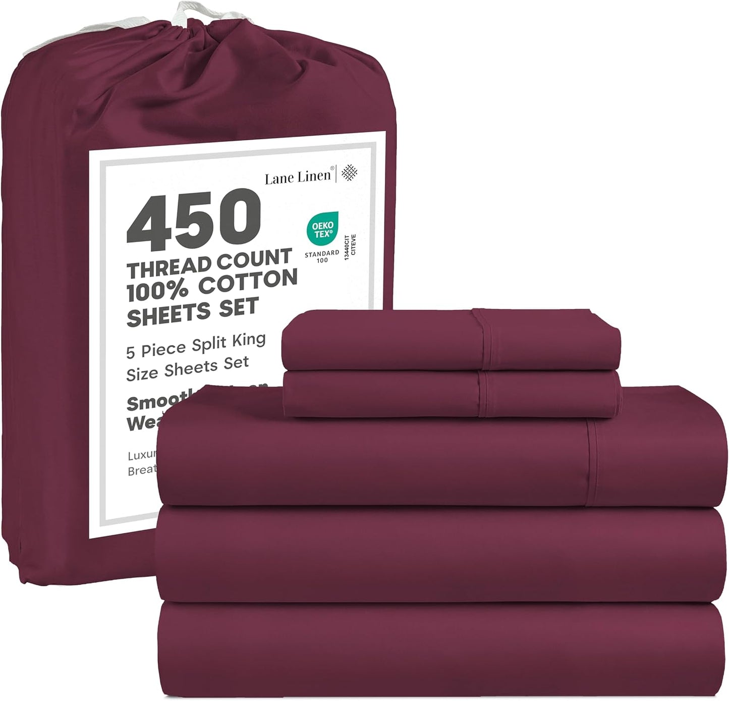 LANE LINEN 100% Cotton Split King Size Sheets Set - 4 Pieces - Ultra Soft Sateen Weave, 450 Thread Count - Breathable, Cooling, Durable, 15" Deep Pockets - Windsor Wine