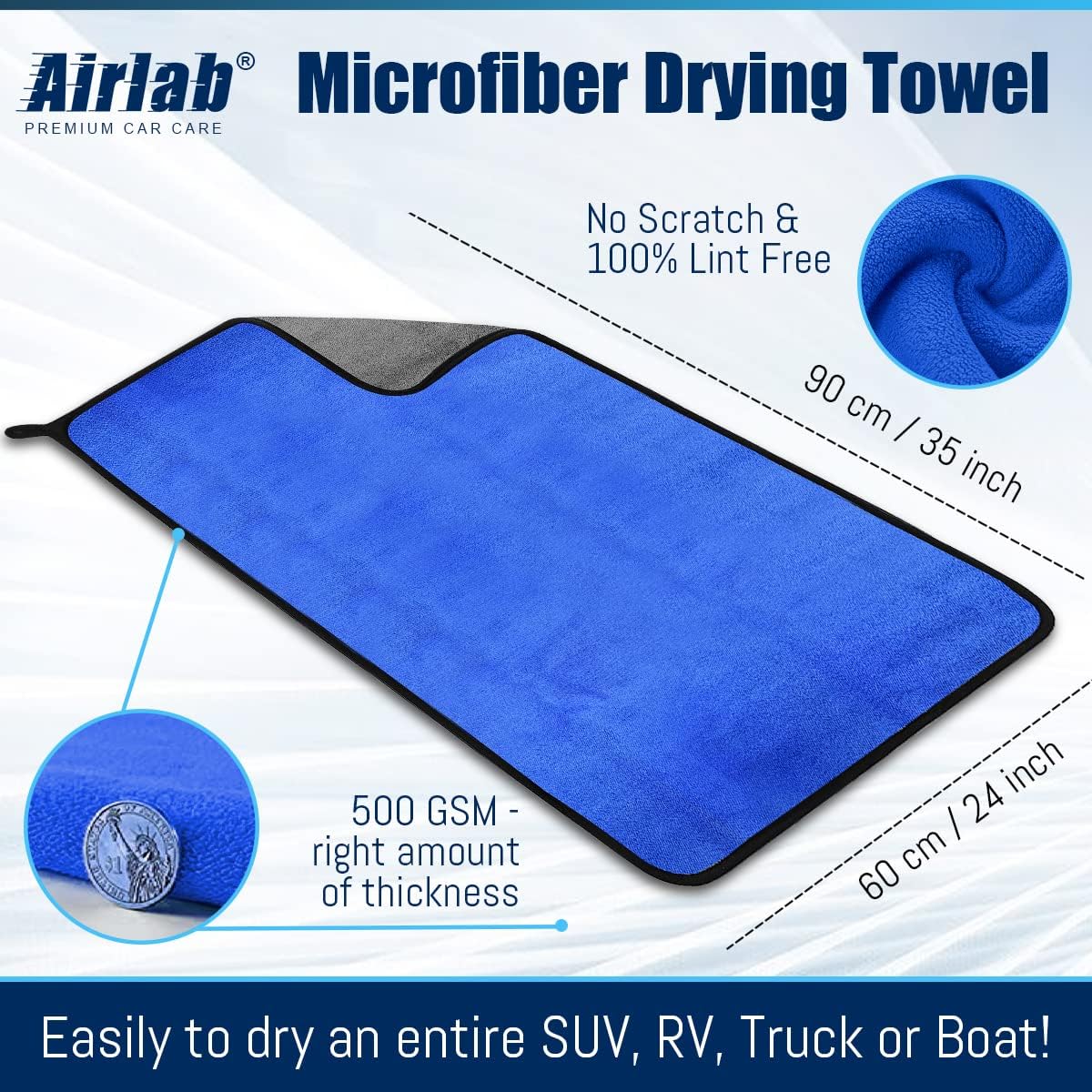 Airlab Microfiber Towels for Cars Wash Drying Thick Plush Cleaning Cloth Auto Detailing Super Absorbent for Interior & Exterior Lint Free, Streak Free, 35 x 24 Inch, 500 GSM, Pack of 1