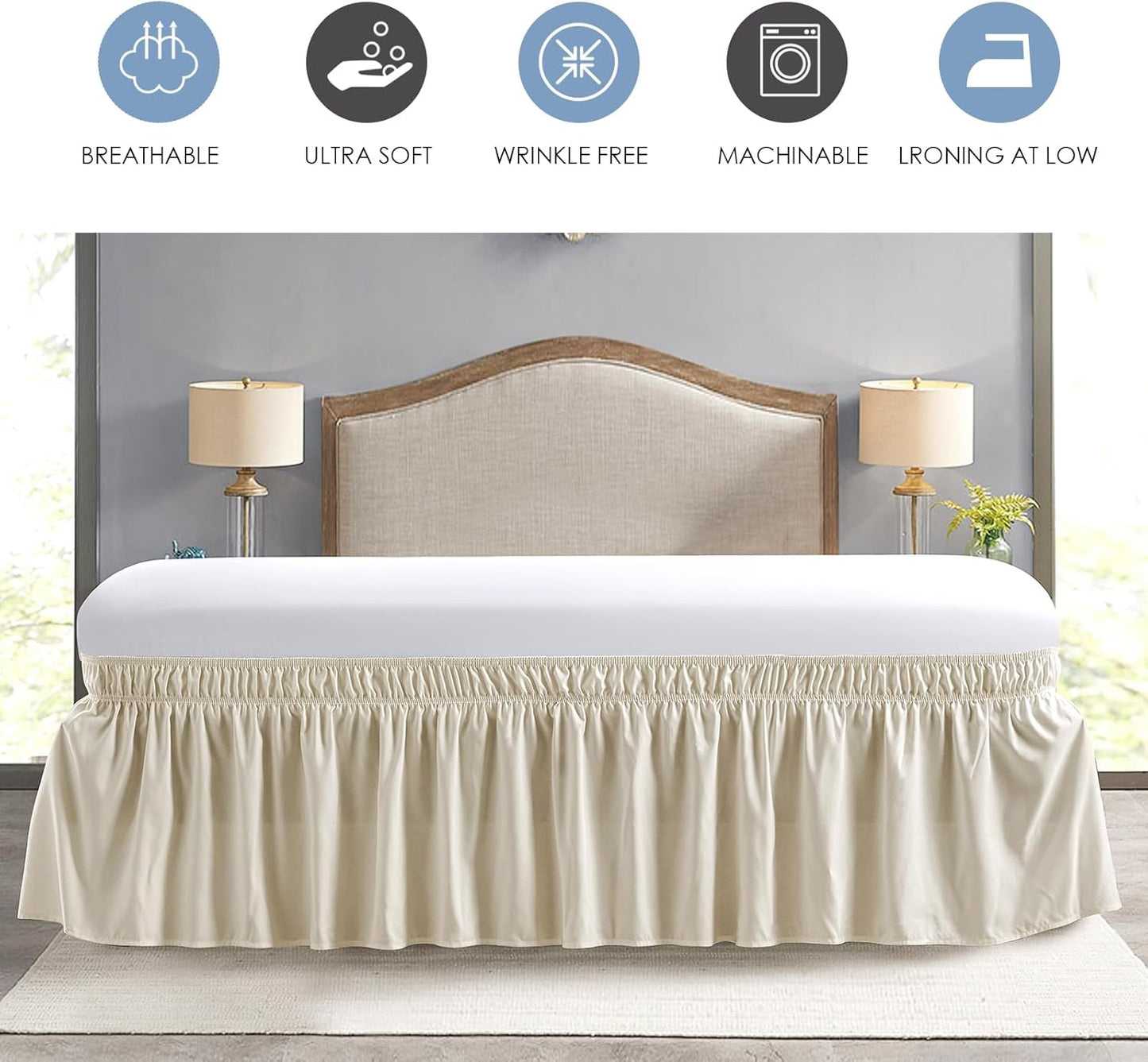 FreshCulture Twin Bed Skirt, Elastic Wrap Around Bed Skirt Twin Size, Bed Skirts for Adjustable Bed, Easy Fit with 15 Inch Drop Length, Hotel Quality Dust Ruffle for Twin Bed (Cream)