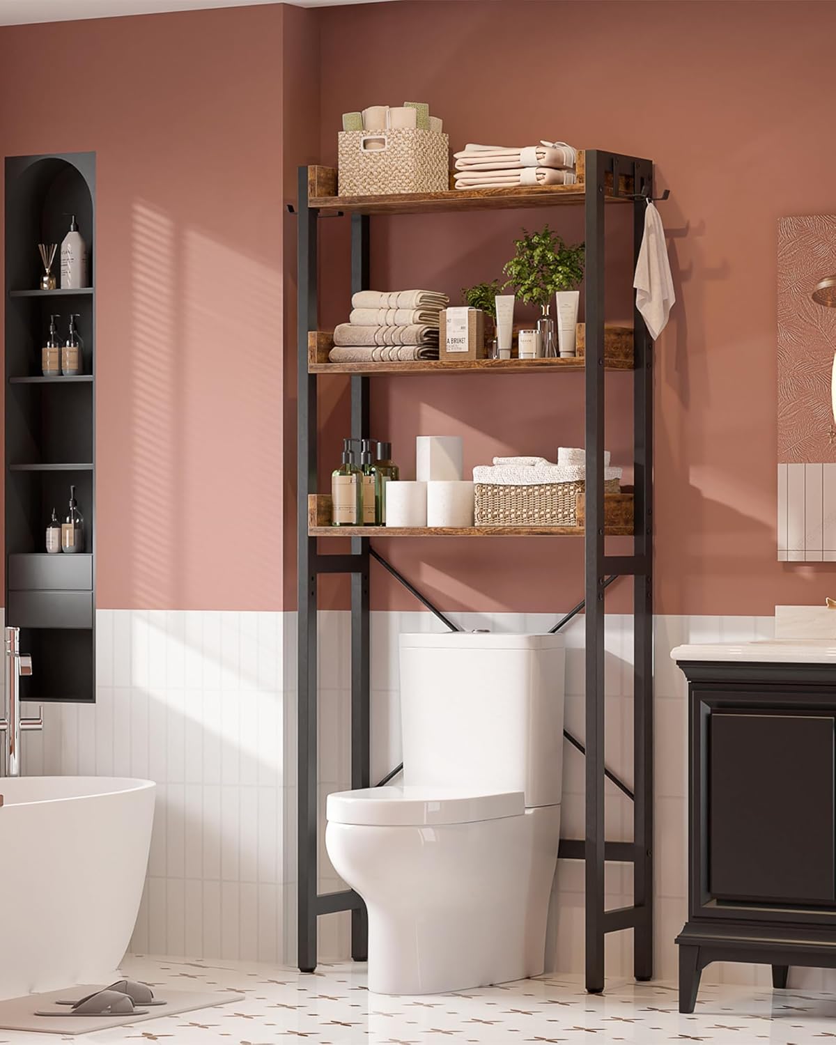Ecoprsio Over-The-Toilet Storage Rack, 3-Tier Bathroom Organizer Shelf Over Toilet, Freestanding Space Saver Toilet Stands with 4 Hooks, Rustic Brown
