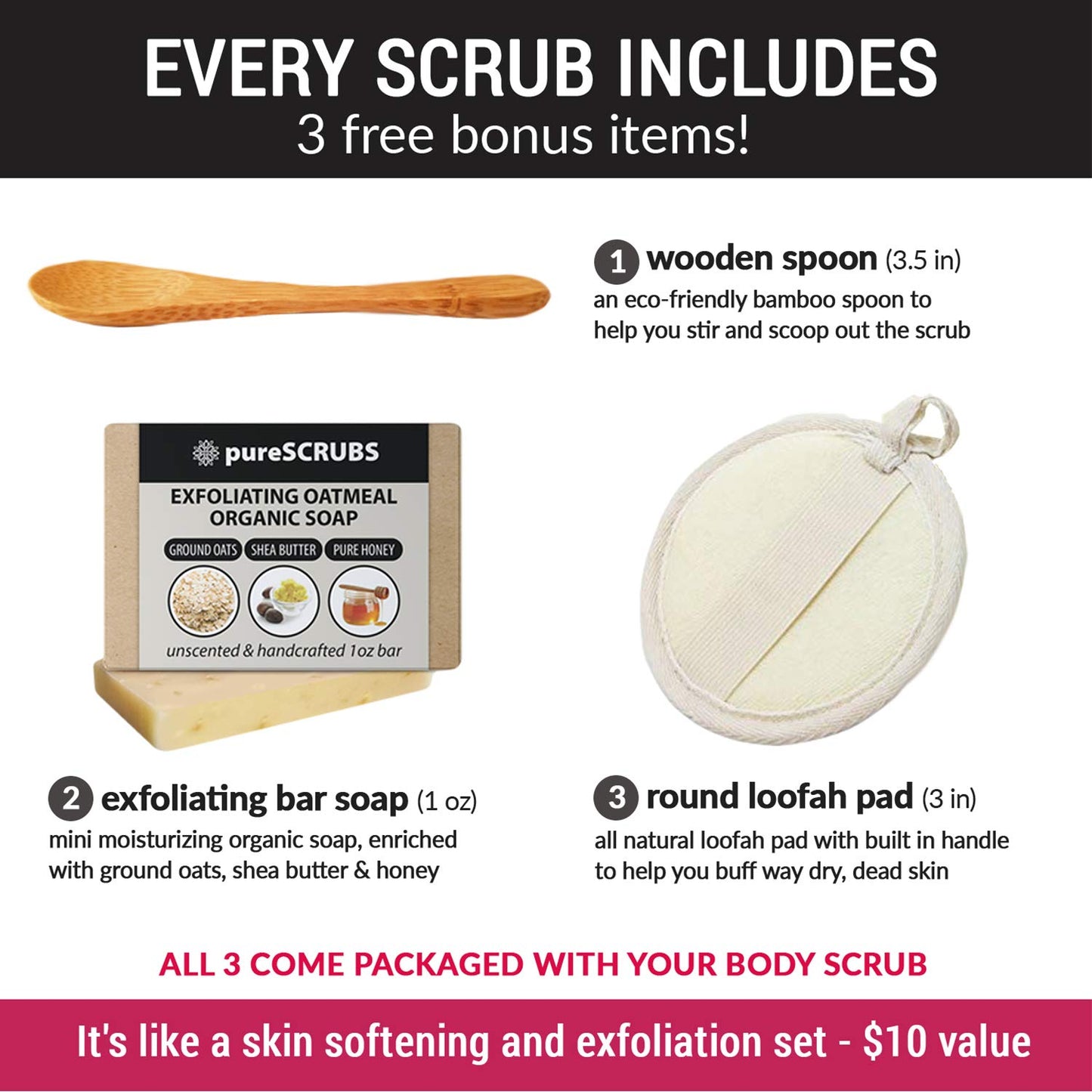 pureSCRUBS Premium Cucumber Body Scrub Set - Large 16oz Dead Sea Salt Body Scrub for Women Exfoliation KP Bump Eraser Body Scrub Includes Wooden Spoon, Loofah & Soap