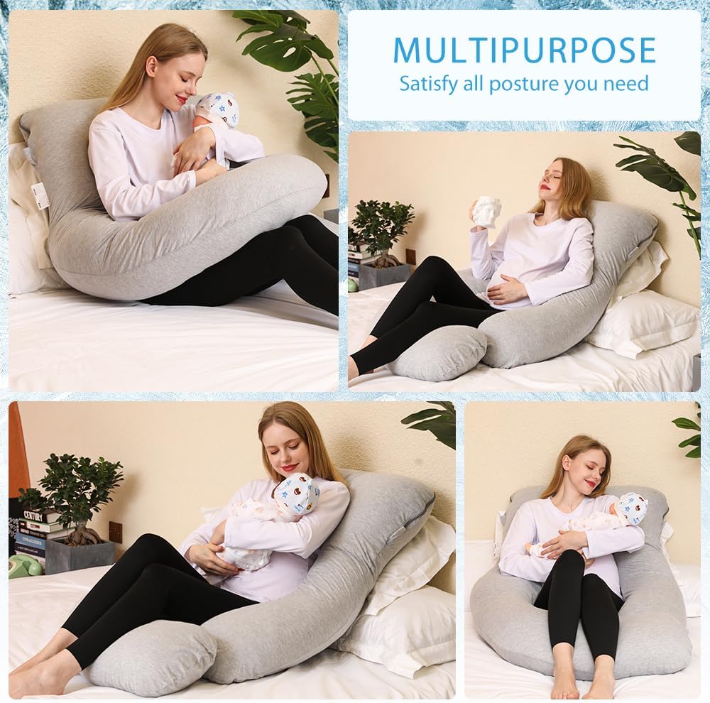 Chilling Home Pregnancy Pillow, Full Body Maternity Pillow for Pregnant Women, 63 inch Comfort U Shaped Pillow with Removable Washable Cover Cooling Jersey - Grey