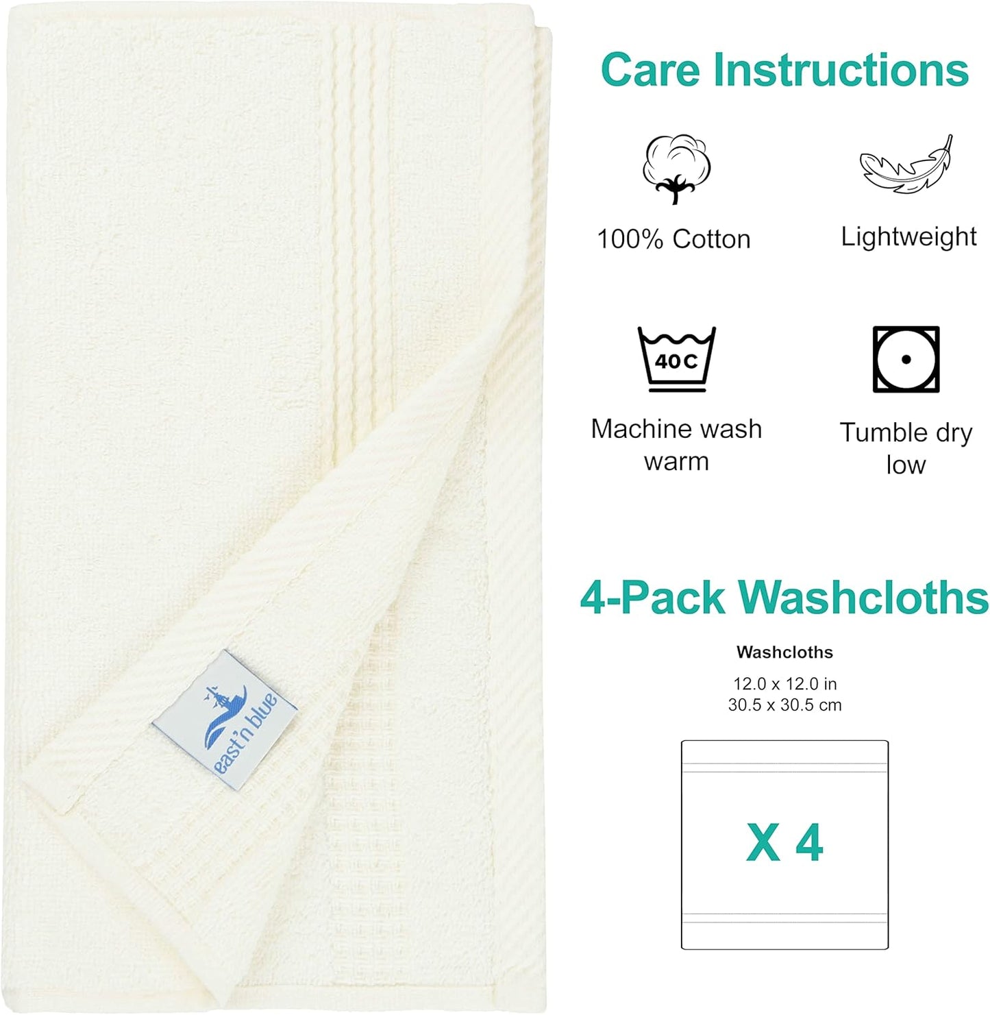 EastNBlue Lara 100% Turkish Cotton Washcloths 4 Pack, Extra Soft & Absorbent Wash Cloths for Face & Body (12" x 12"), Terry Cloth, Small Hand Towels for Bathroom, Cream