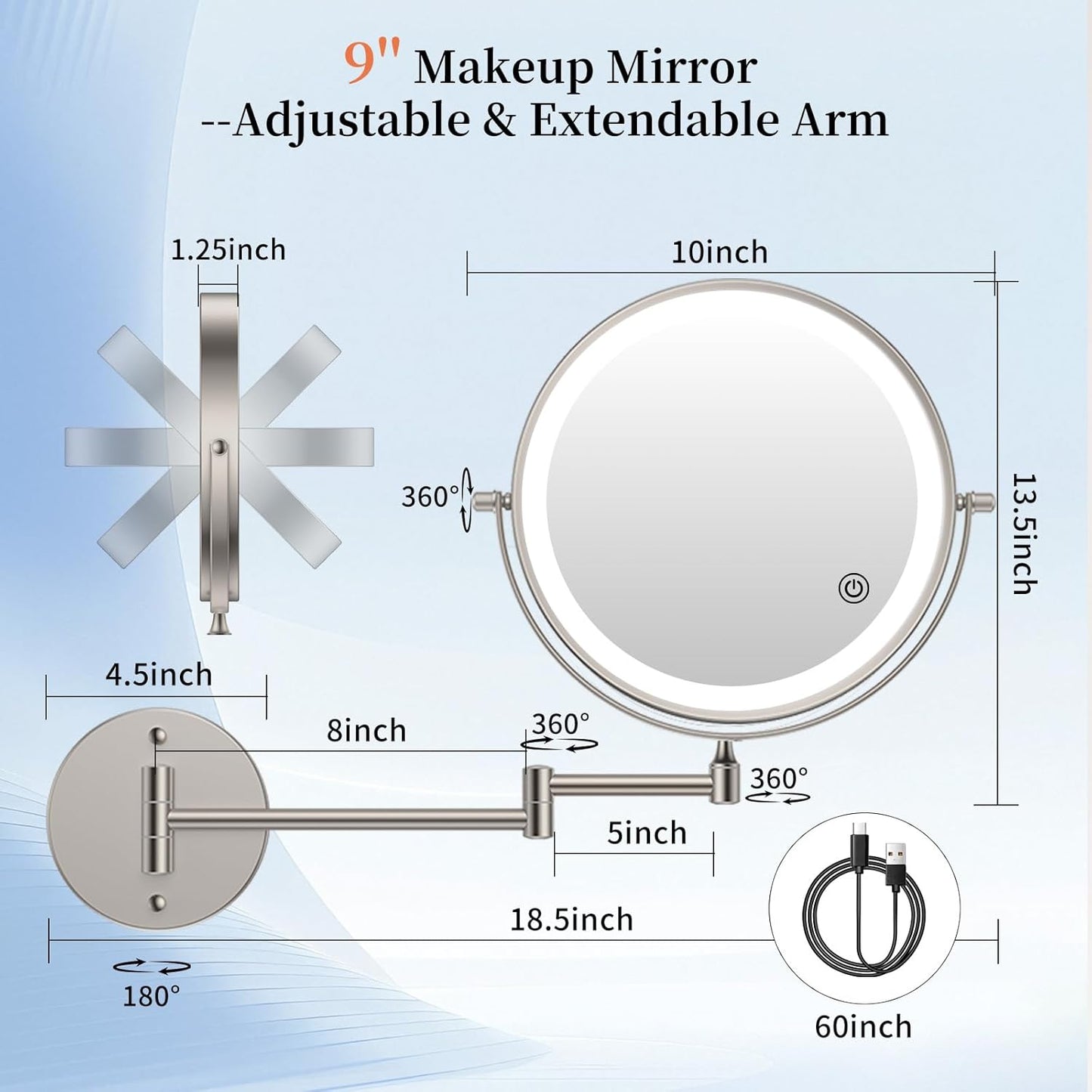 FUNTOUCH 9" 30X/1X Magnifying Wall Mounted Lighted Makeup Mirror, 4500mAh Rechargeable Double Sided Mirror with Light, 3 Color Lights,Touch Dimmable, 360 Rotation Extended Arm for Bathroom,Nickel
