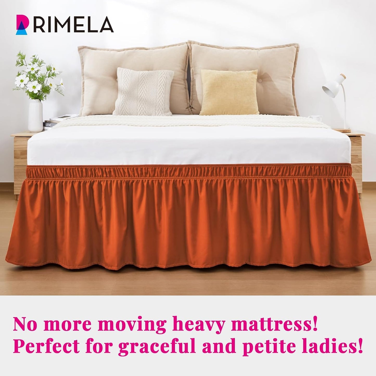 RIMELA Orange Yellow Bed Skirt Queen 15 Inch Drop, Elastic Bed Skirts Queen Size Dust Ruffle, Bedskirt for Adjustable Bed Base, Wrinkle & Fade Resistant Silky Luxurious Fabric Easy to Install
