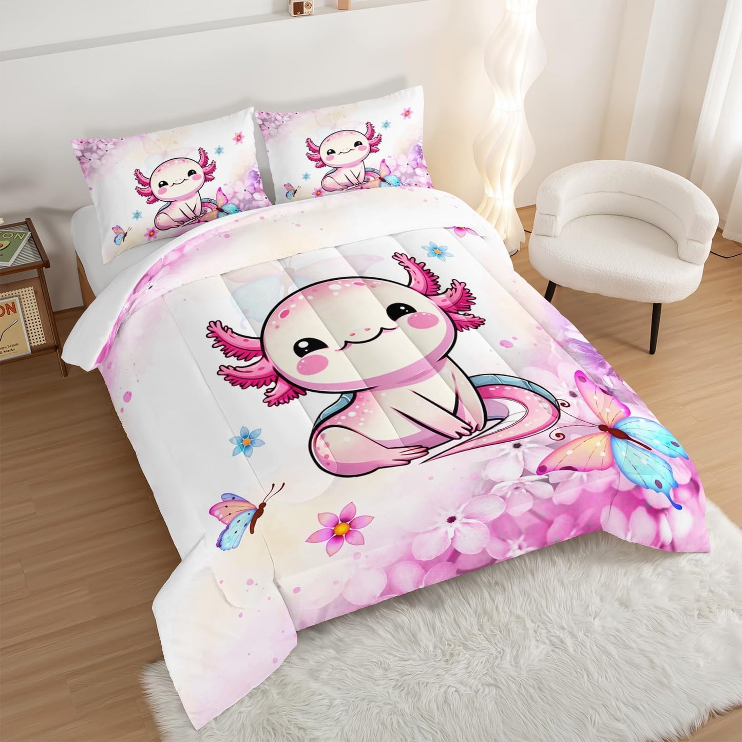 Cartoon Axolotl Comforter Kids Bedding Set,Axolotl Flower Butterfly Bedding King Size for Boys Girls Room Kawaii Decor,Pink Toddler Comforter Sets with 2 Pillowcases.