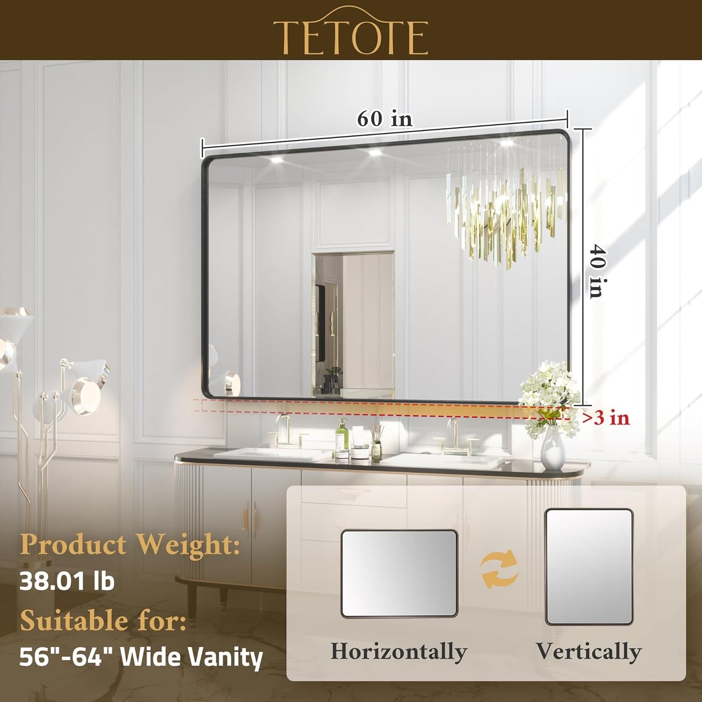 TETOTE 60 x 40 Inch Brushed Silver Bathroom Mirror, Bathroom Vanity Mirror, Modern Rectangle Round Corner Matte Framed Mirror (Horizontal/Vertical)