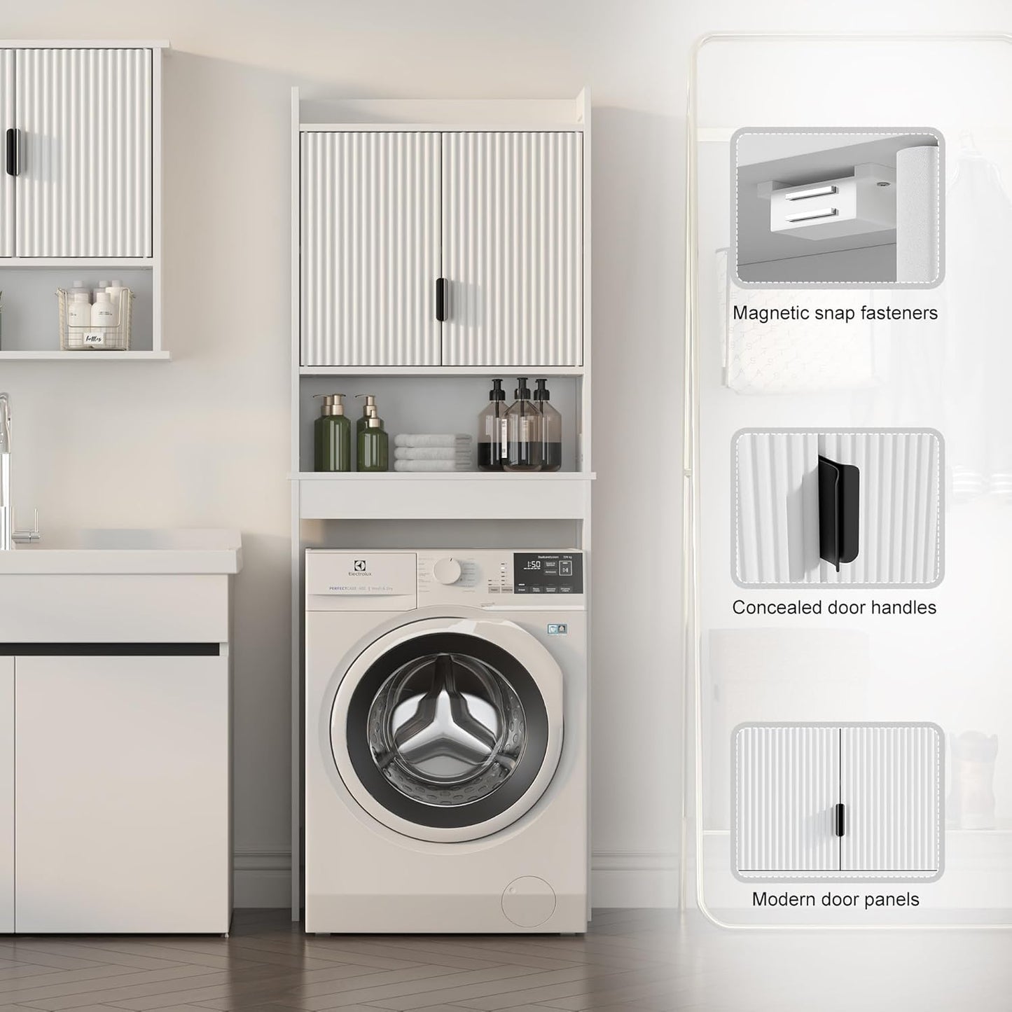 Bathroom Over The Toilet Storage Cabinet,Farmhouse Over The Toilet Storage with 2 Wave-Pattern Doors and Open Storage Shelf,Space Saver Behind Toilet Bathroom Organizer for Restroom/Laundry
