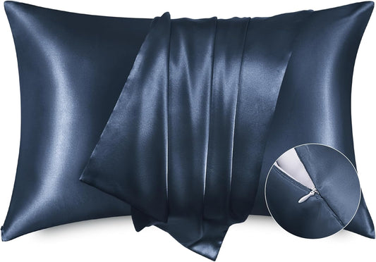 Bedsure Satin Pillowcase with Zipper, Similar to Silk Pillow Cases 2 Pack, Silky & Soft Satin Pillow Cases Standard Size for Hair and Skin, Gifts for Women Men, Blue, 20x26 Inches