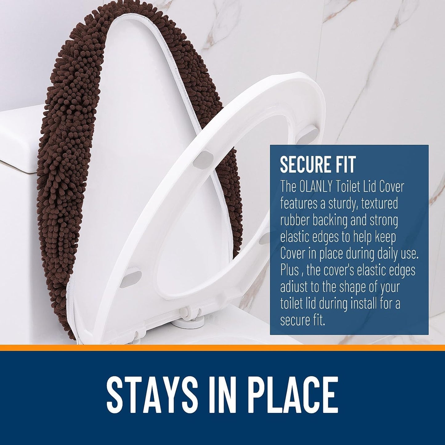 OLANLY Soft Chenille Bathroom Toilet Lid Cover, Machine Washable Seat Covers, 17.5x15, Stays in Place with Rubber Backing, Fits Most Round, Elongated and Oblong Lids, Bathroom Accessories Decor, Brown