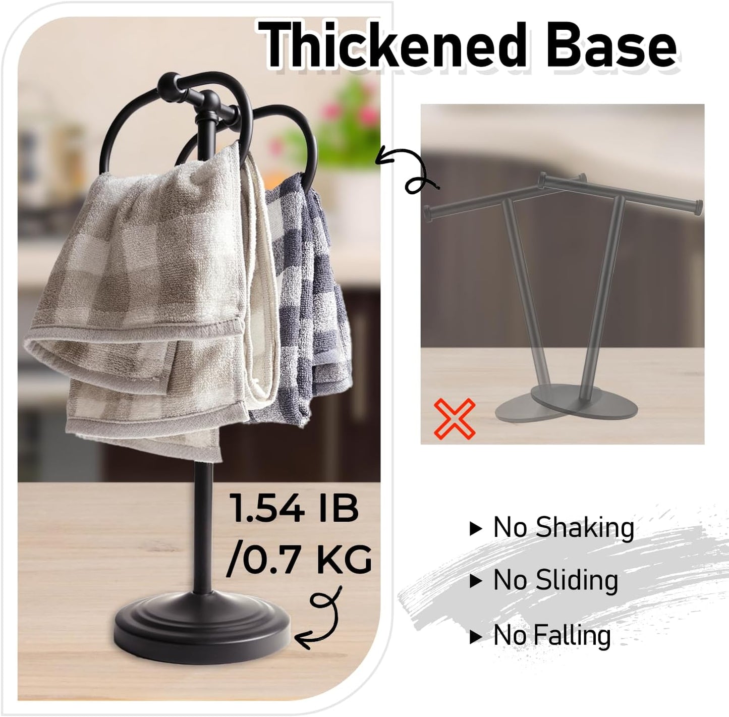 17 Inch Stainless Steel Hand Towel Holder Double Stand Hand Towel Ring for Washcloths or dishcloths Non-Slip Base Free Standing Towel Rack for Bathroom Kitchen (Black)