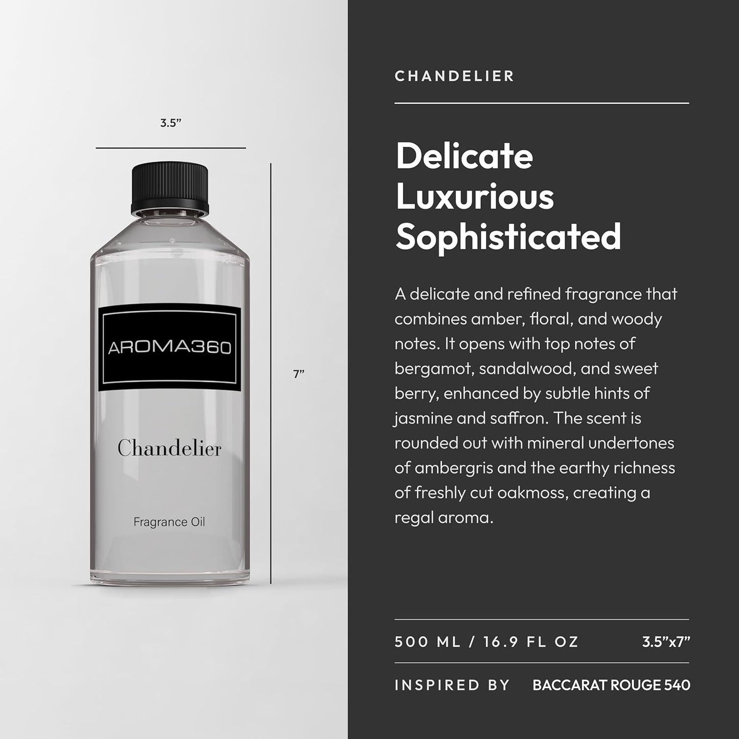 Aroma360 - Chandelier Fragrance Oil Blend | Hotel Inspired for Luxury Essential Oil Diffusers | Aromatherapy Scent Diffuser Oil | Bergamot, Woodsy Sandalwood, and Flirtatious Saffron - 500ML