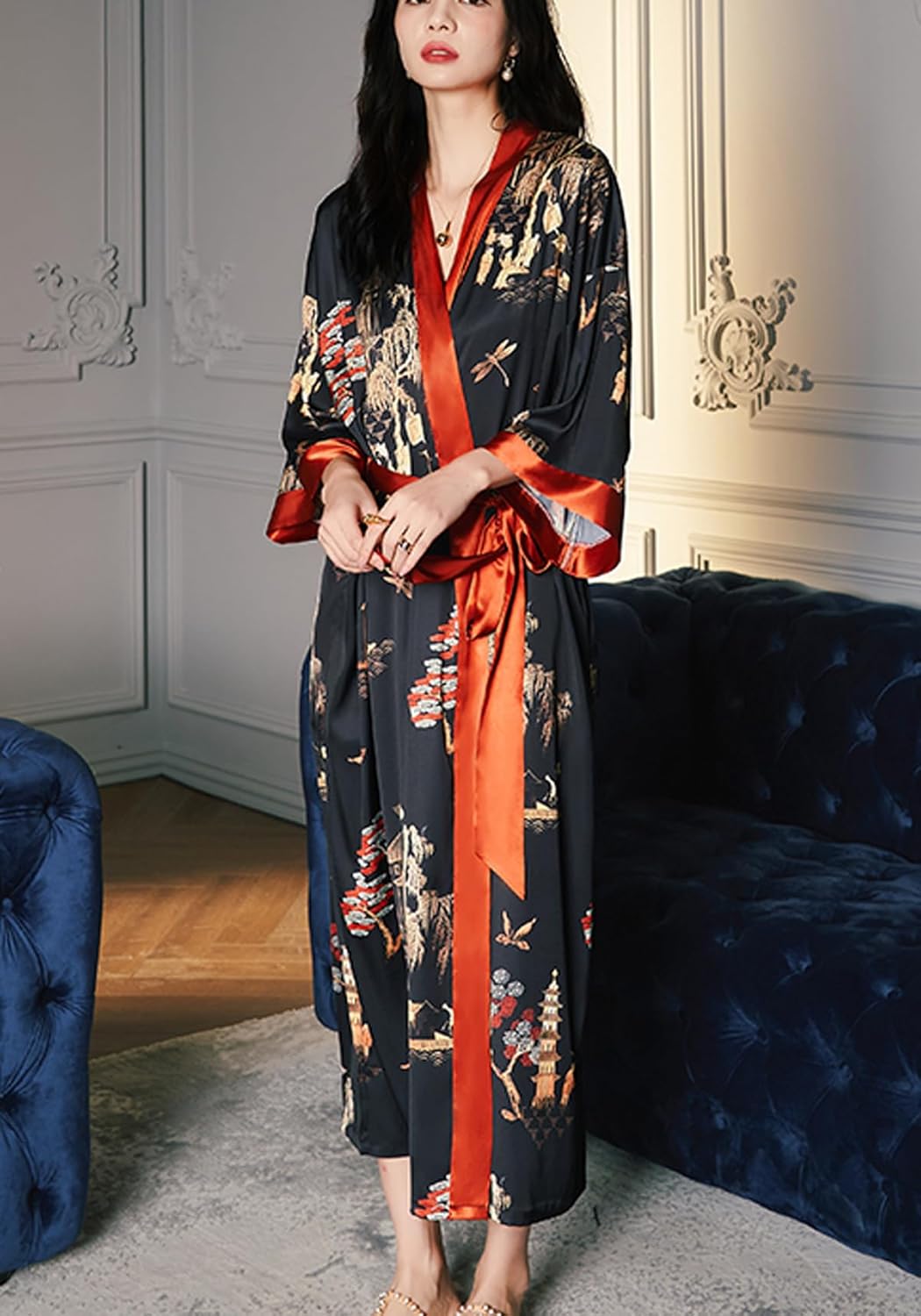 Silk Satin Robe for Women Long Japanese Kimono Robe Lightweight Soft Bathrobe Floral Luxury Dressing Gown