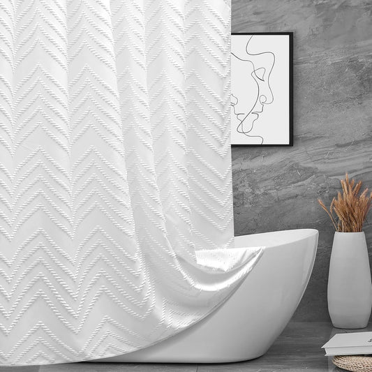 78 inch Shower Curtain Tall Shower Curtain 78 Inches Long White Tufted Chevron Striped Fabric Shower Curtains for Bathroom Modern Shabby Chic Waterproof Cloth Shower Curtains, White