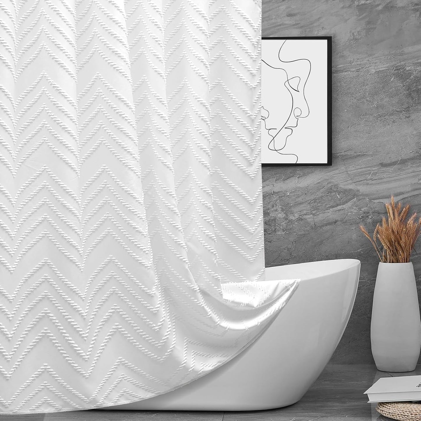 96inche Extra Long Shower Curtains 72 x 96 Inches White Tufted Chevron Striped Fabric Shower Curtains for Bathroom Modern Shabby Chic Waterproof Cloth Shower Curtain, White