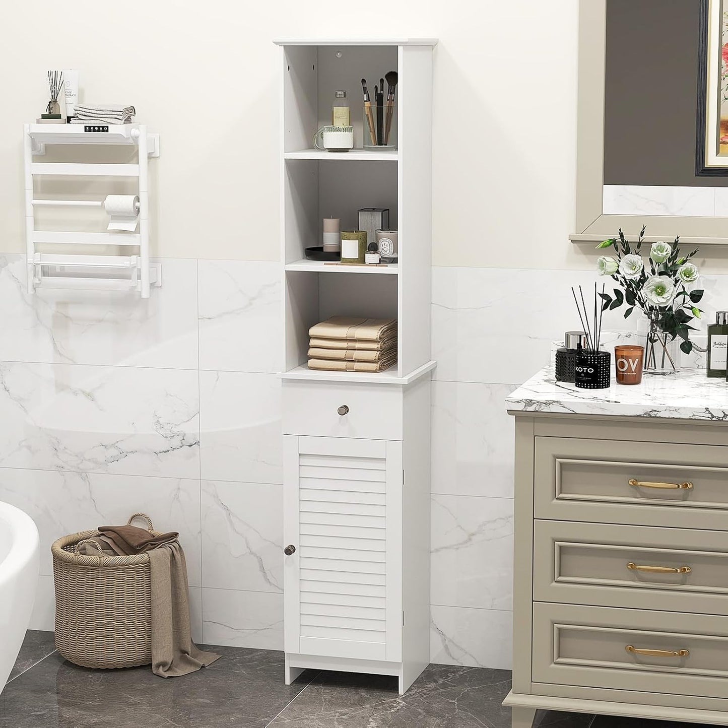 Giantex 64.5” Tall Bathroom Cabinet, Narrow Floor Storage Cabinet with Adjustable Shelves, 1 Door & 1 Drawer, Anti-Toppling Design, Modern Storage Organizer for Bathroom, Living Room, Hallway