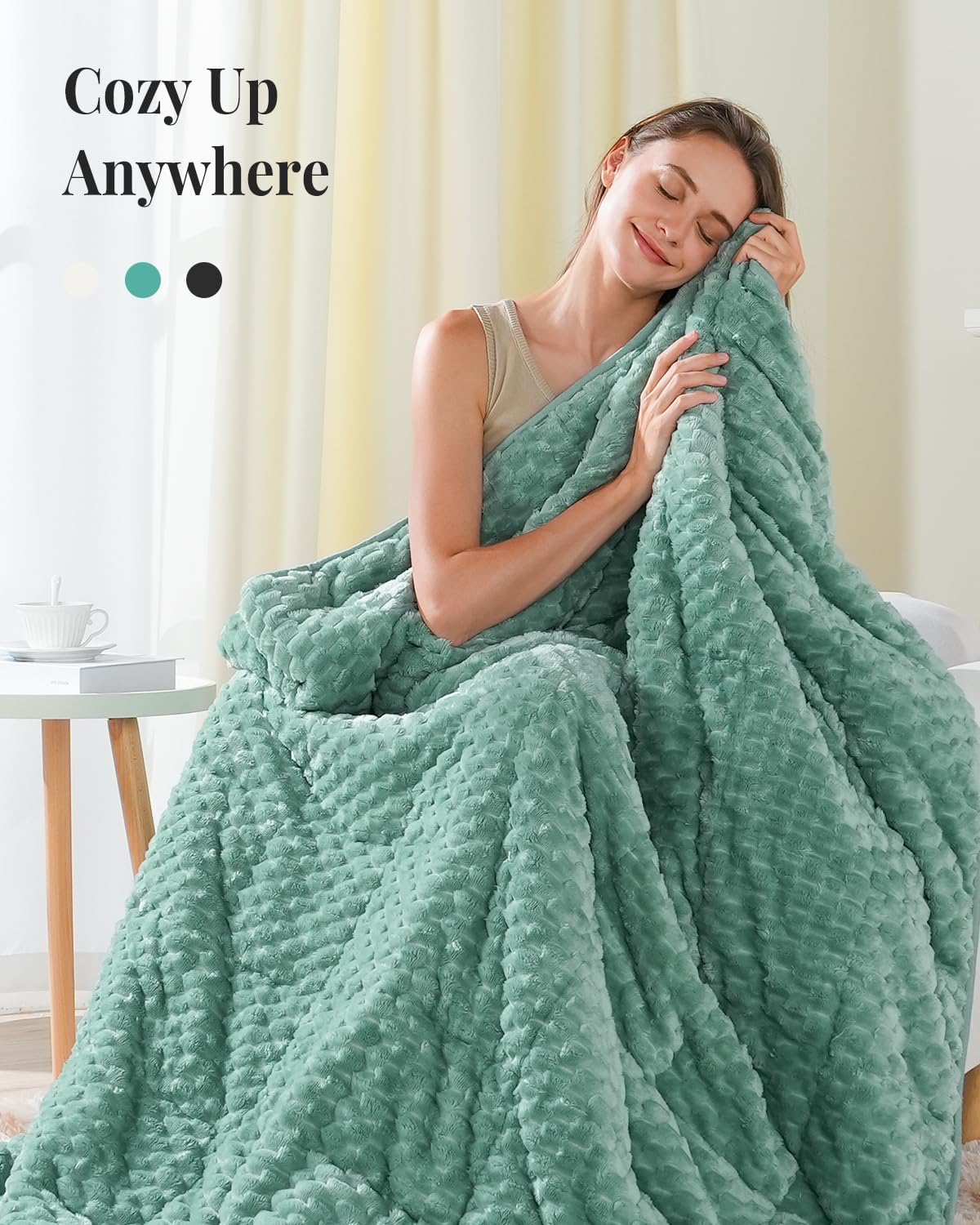 Topblan Weighted Blanket for Adults (60" x 80" 15lbs, Sage Green), Soft Sherpa Queen Size Heavy Blanket, 3D Jacquard Flannel Fleece Weighted Blankets for Couch and Bed