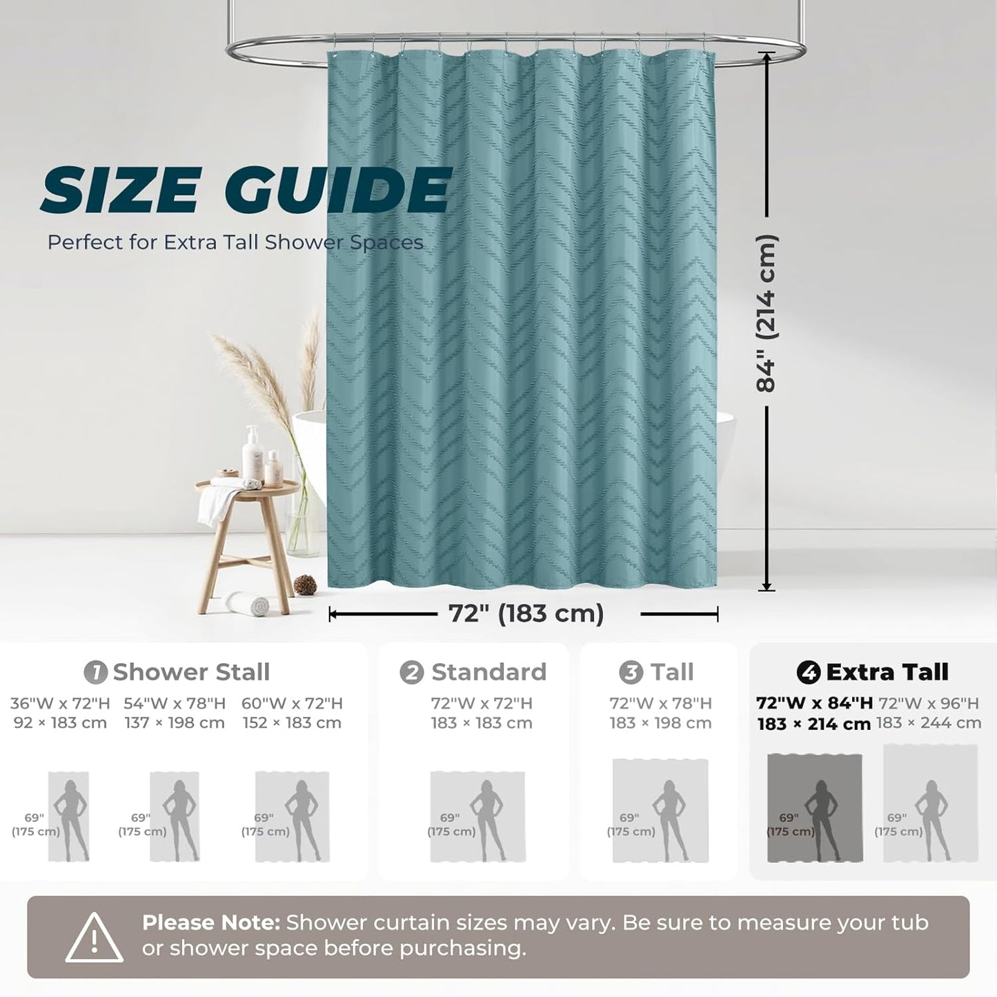 84inches Extra Long Teal Shower Curtain Boho Farmhouse Shower Curtain 72 x 84 Tufted Chevron Textured Minimalist Shower Curtains for Bathroom