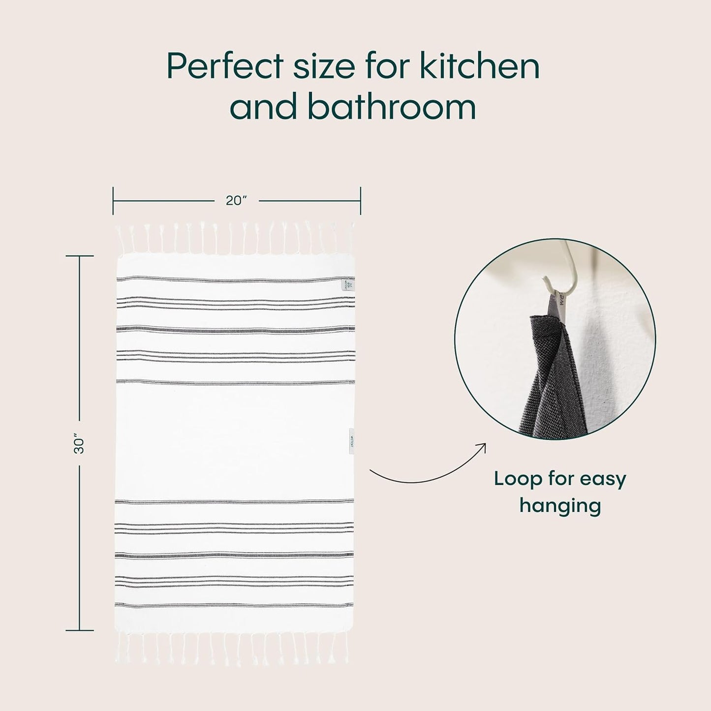 WETCAT Turkish Hand Towels with Hanging Loop, Set of 2 (20" x 30") 100% Turkish Cotton, Pre-Washed, Quick Drying, for Kitchen or Bathroom - Black & White