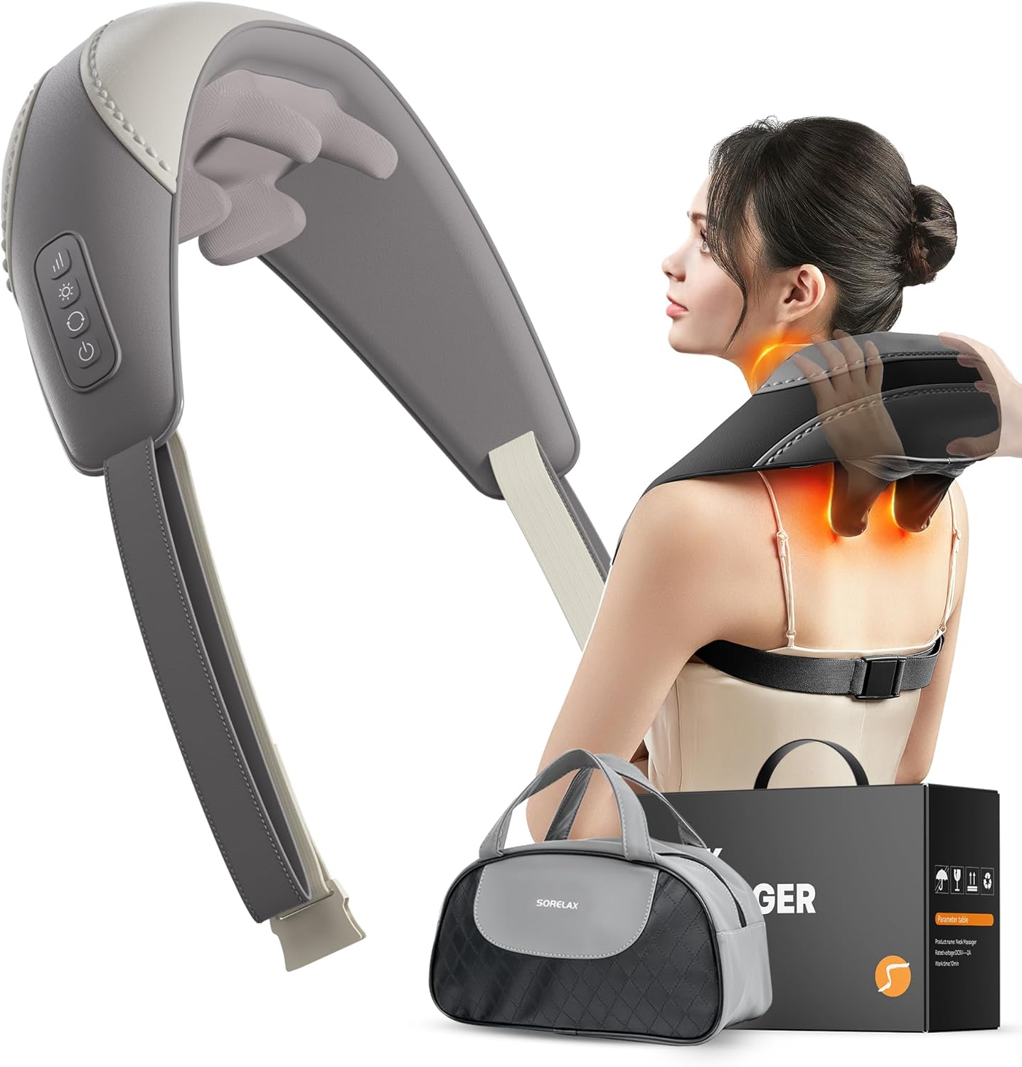 Shiatsu Neck and Shoulder Massager with Heat for Pain Relief Deep Tissue, Portable Massagers for Neck and Back, Gifts for Men and Woman (Grey with Leather Handbag)