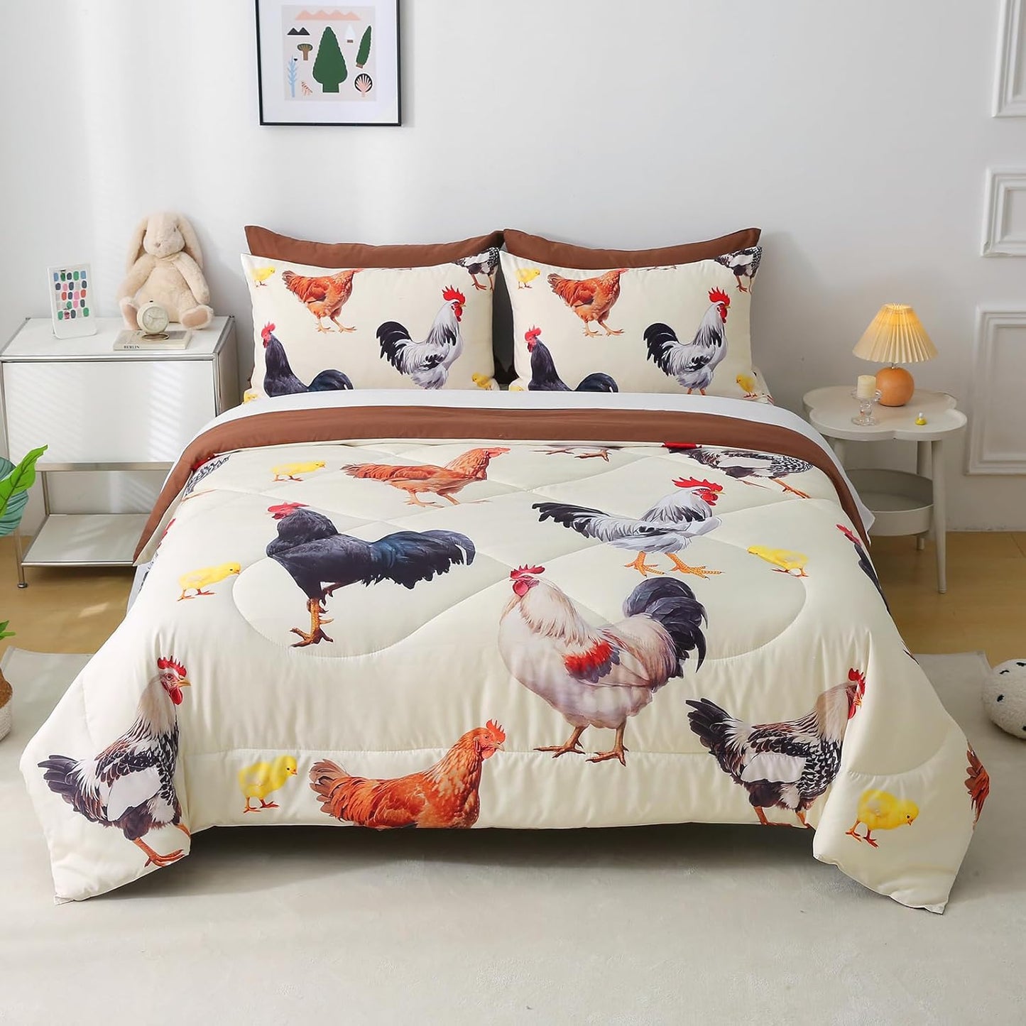 Wajade Chicken Comforter Set 7 Pcs Animal Theme Bedding Set Twin Size for Kids Adults Chicken Quilt Farm Theme Printed Pattern for Thanksgiving Birthday