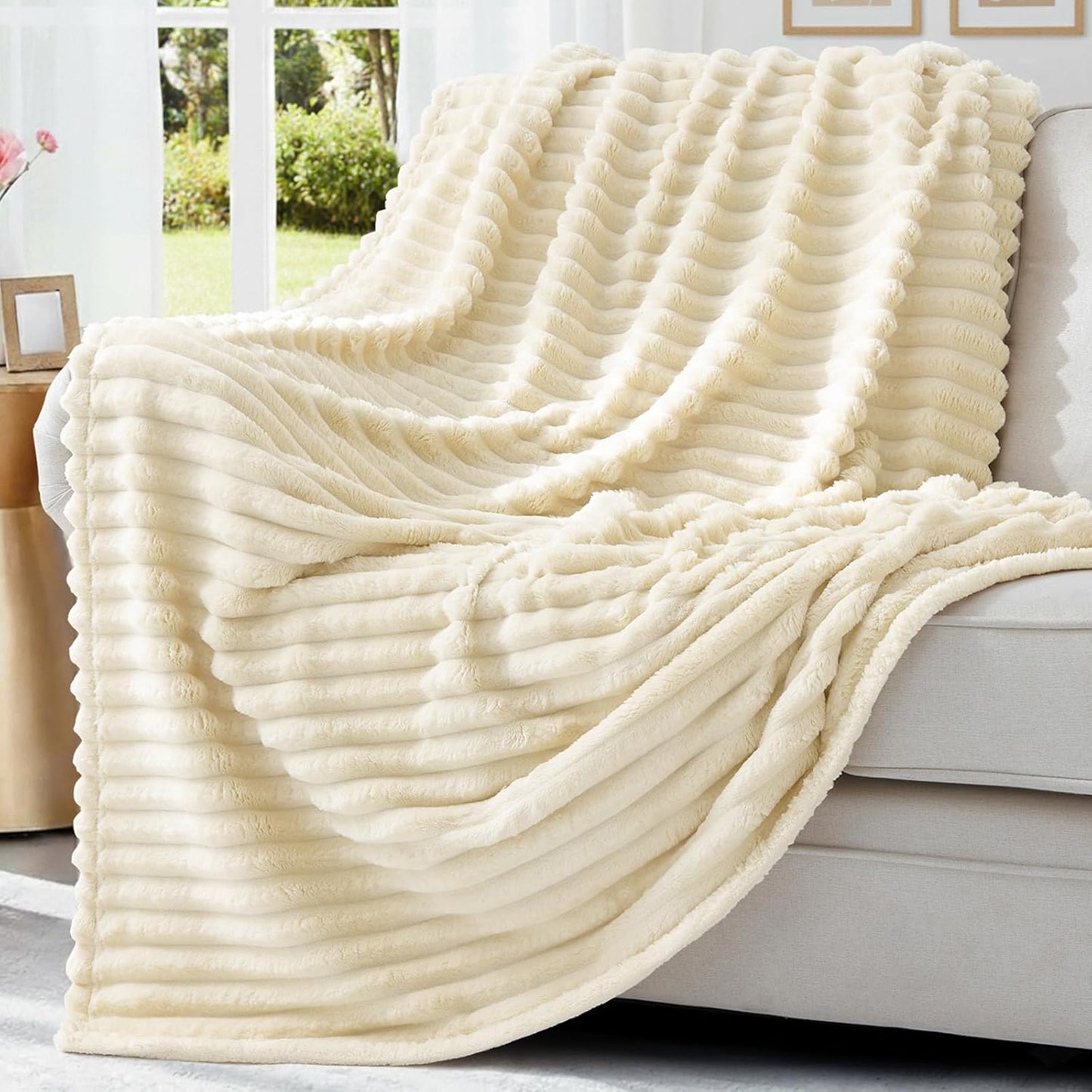 decorUhome Christmas Soft Fleece Beige Blanket Queen Size for Bed, Cozy Fluffy Plush Flannel Large Striped Throws for Couch Sofa, Lightweight Decorative Fuzzy Blanket for Woman, 90x90 Inches