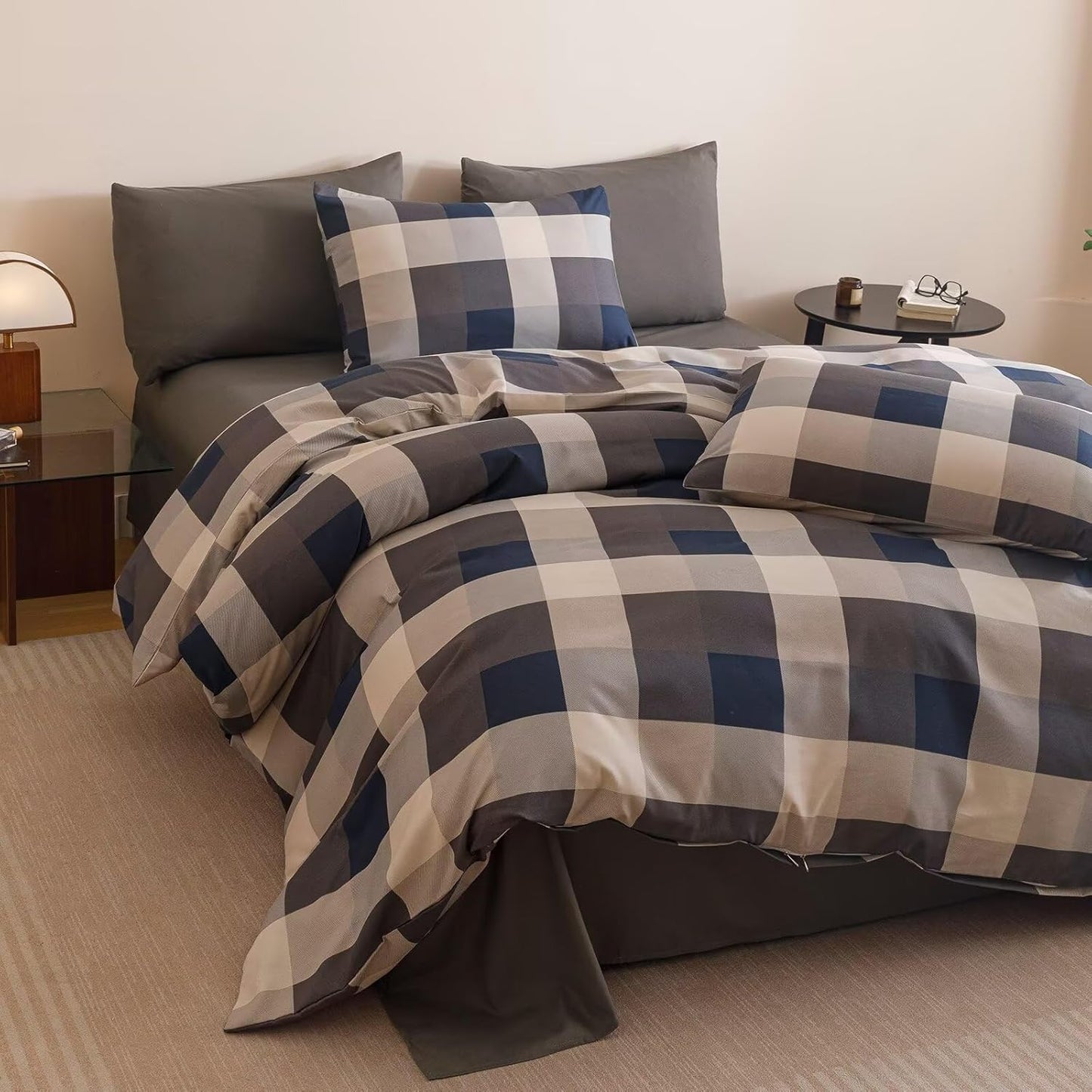 Cottonight Checkered Blue Comforter Set Twin Gingham Grid Bedding Set Navy and Khaki Grid Comforter Fluffy Soft Bedding Set Kids Teens Twin Comforter with 2 Pillowcases