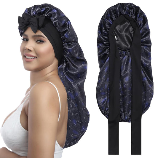 AWAYTR Long Satin Bonnet for Women - Double Layer Elastic Silk Bonnet for Braids Hair Sleeping Cap with Tie Band (Nebula+Black)