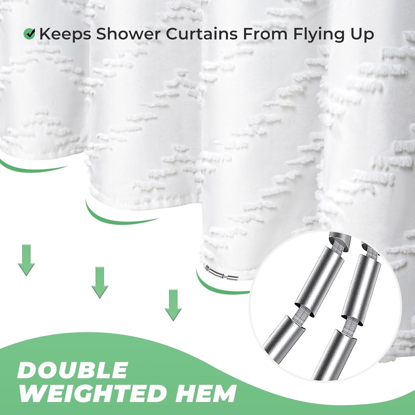 Extra Long Shower Curtains 72 x 84 Inches White Tufted Chevron Striped Fabric Shower Curtains for Bathroom Modern Shabby Chic Waterproof Cloth Shower Curtain, White
