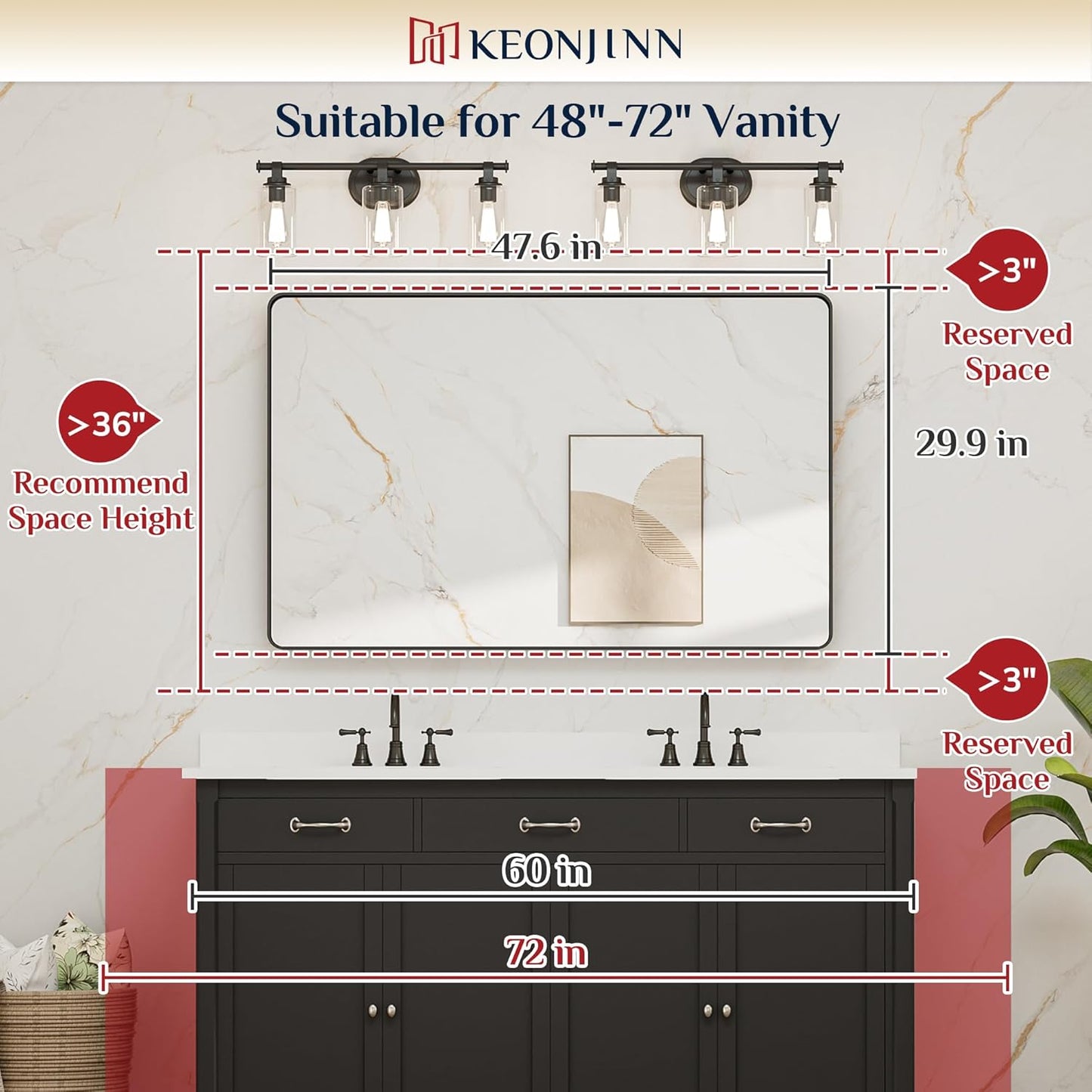 Keonjinn Black Bathroom Mirrors for Over Sink, 48” x 30” Large Rounded Rectangle Bathroom Vanity Mirror, Matte Black Modern Decorative Wall Mirror, Anti-Rust, HD Tempered Glass(Horizontal/Vertical)