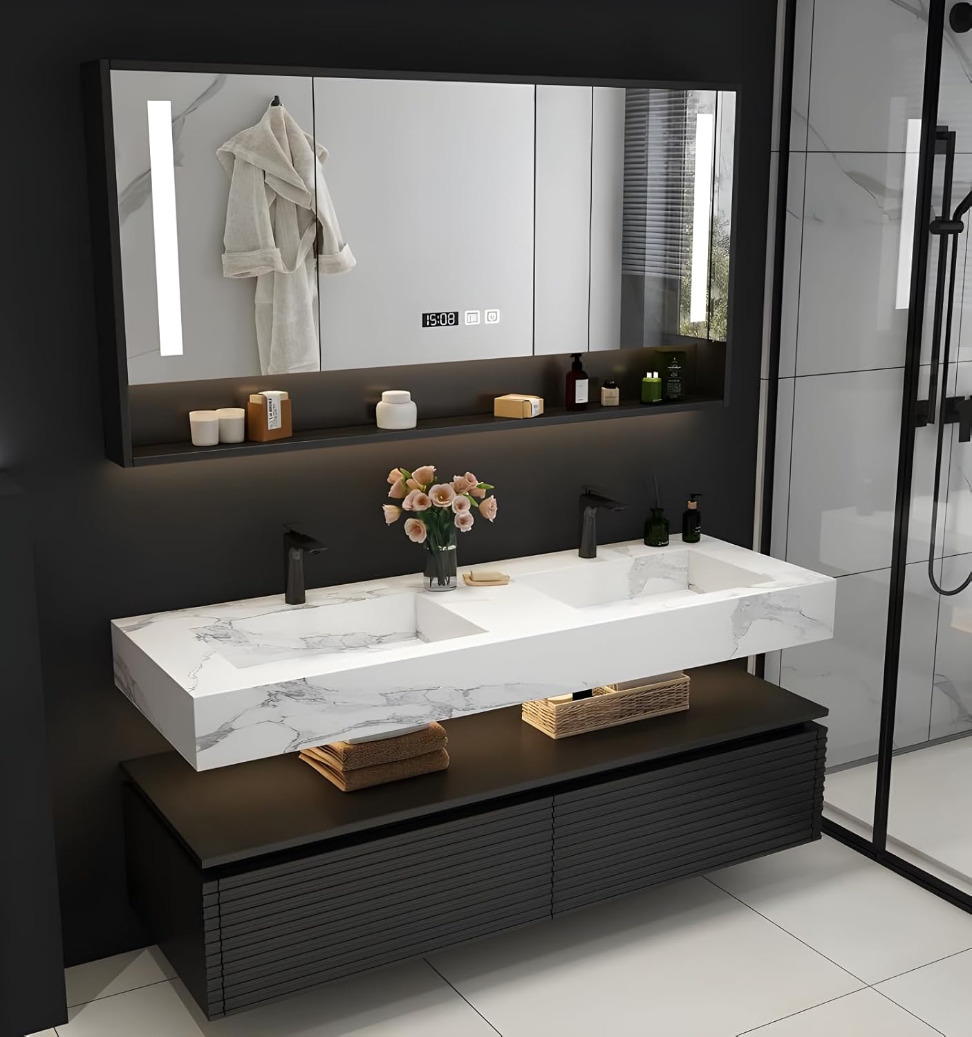 68IN Bathroom Vanity with Double Sink, Modern Bathroom Vanity with LED Smart Defogging Mirror Cabinet and Open Shelf, Floating Bathroom Cabinet with Striped Double Drawers, Oak Material (Black)