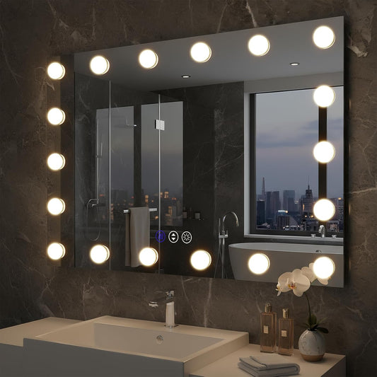 40x28 Hollywood LED Bathroom Vanity Mirror with Dimmable Bulbs, 3 Lighting Modes, Fogless Mirror, Shatter-Proof, Corrosion Proof, Smart Mirror, Memory, Wall Mountable, Horizontal/Vertical