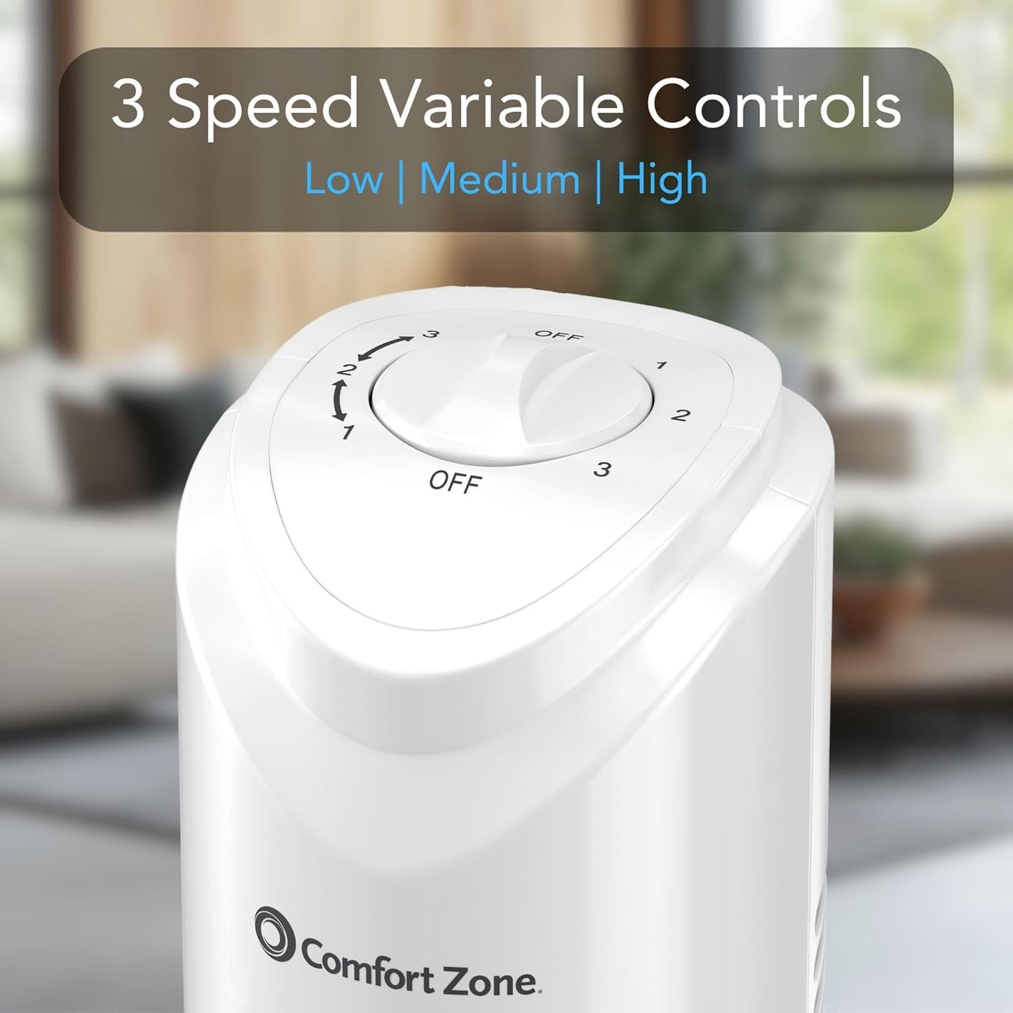 Comfort Zone Tower Fan for Bedroom, 32 inch, 3 Speeds, 90 Oscillation, Bladeless Indoor Fan, Built in Carry Handle, Portable Stand Fan, White