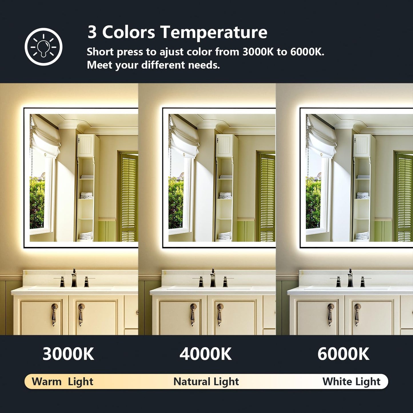 66x40 Inch LED Bathroom Mirror with Lights (Front Lit and Backlit) Black Framed Lighted Vanity Mirror for Bathroom Wall Dimmable Anti-Fog Memory Tempered Glass Horizontal/Vertical