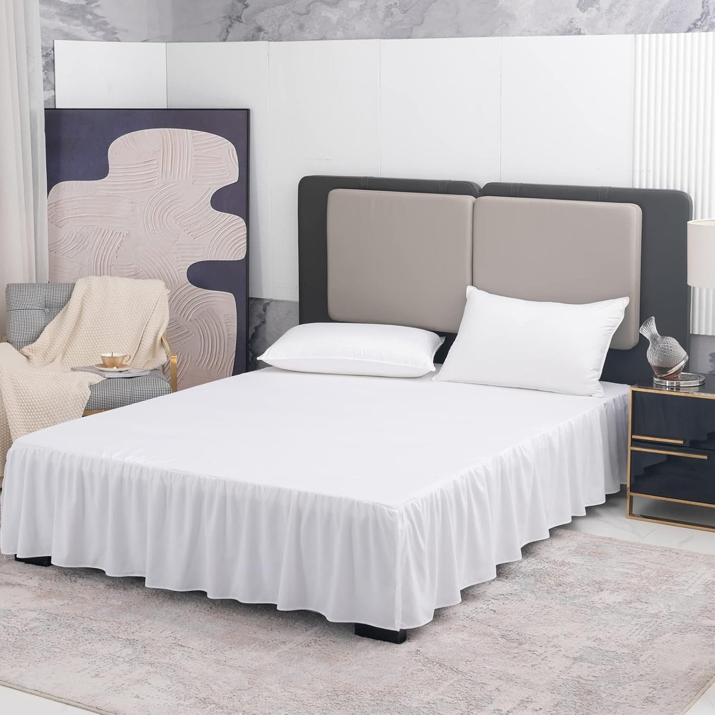 TSUTOMI Bed Skirt Twin Size Ruffled Bed Skirt with Split Corners, 14 Inch Drop Dust Ruffle Bed Skirts with Platform, Gathered Style, 100% Microfiber, White