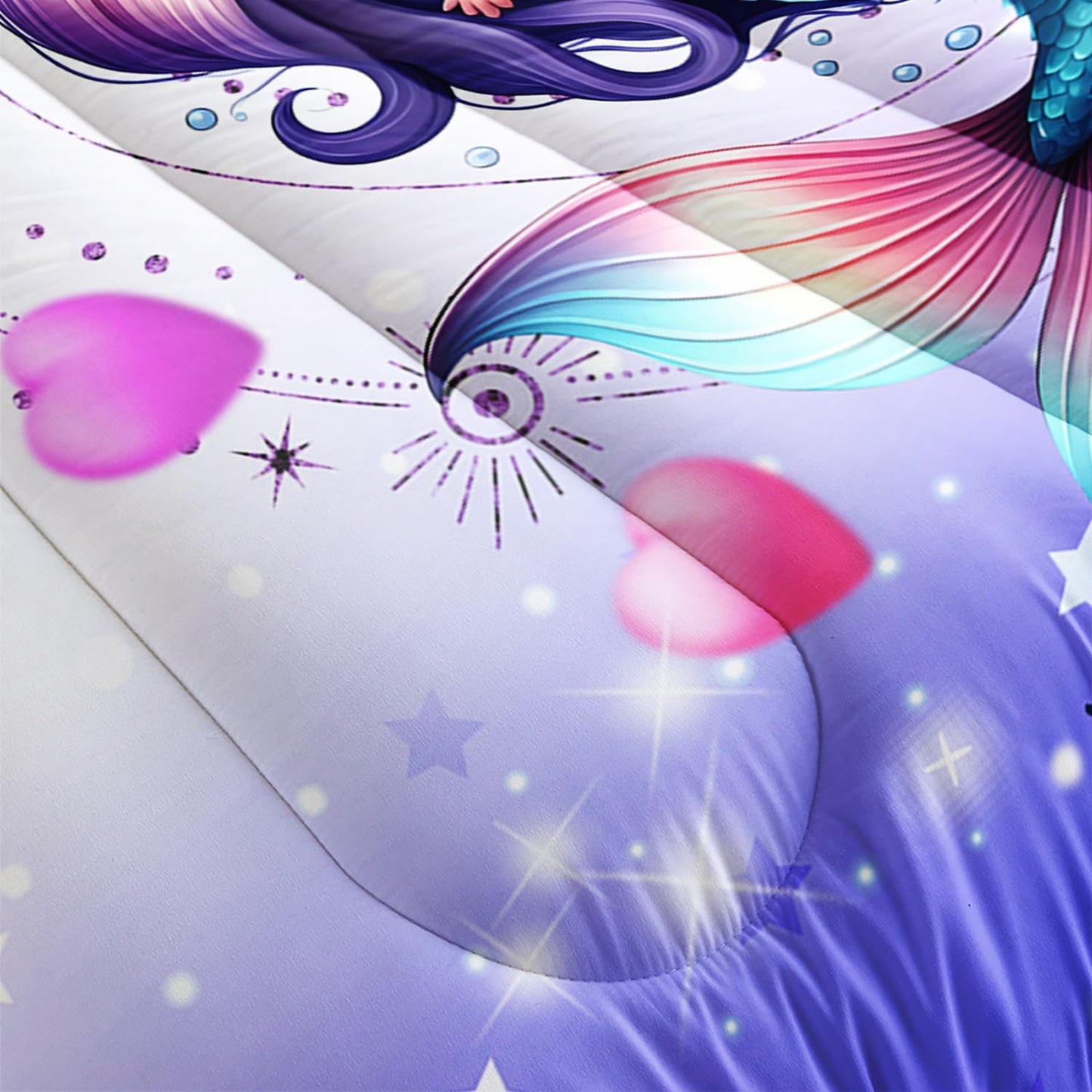 Cute Mermaid Pattern King Comforter Set,Star Jellyfish Ocean Themed Bedding Sets for Kids Toddlers Girls Boys Room Decor,Princess Bedding with 2 Pillowcases.