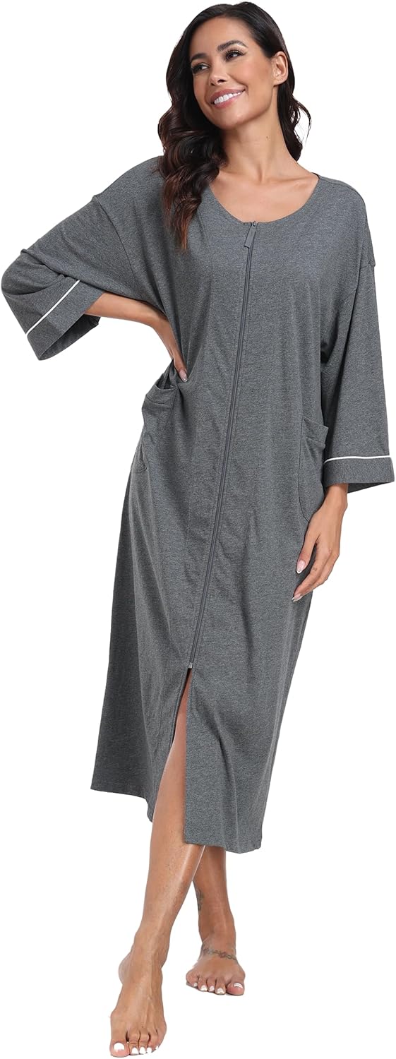 ANLIQI Women's 100% Cotton Robes Long Zipper Front House coats 3/4 Sleeve Bathrobes Lightweight Full Length Robe with Pockets