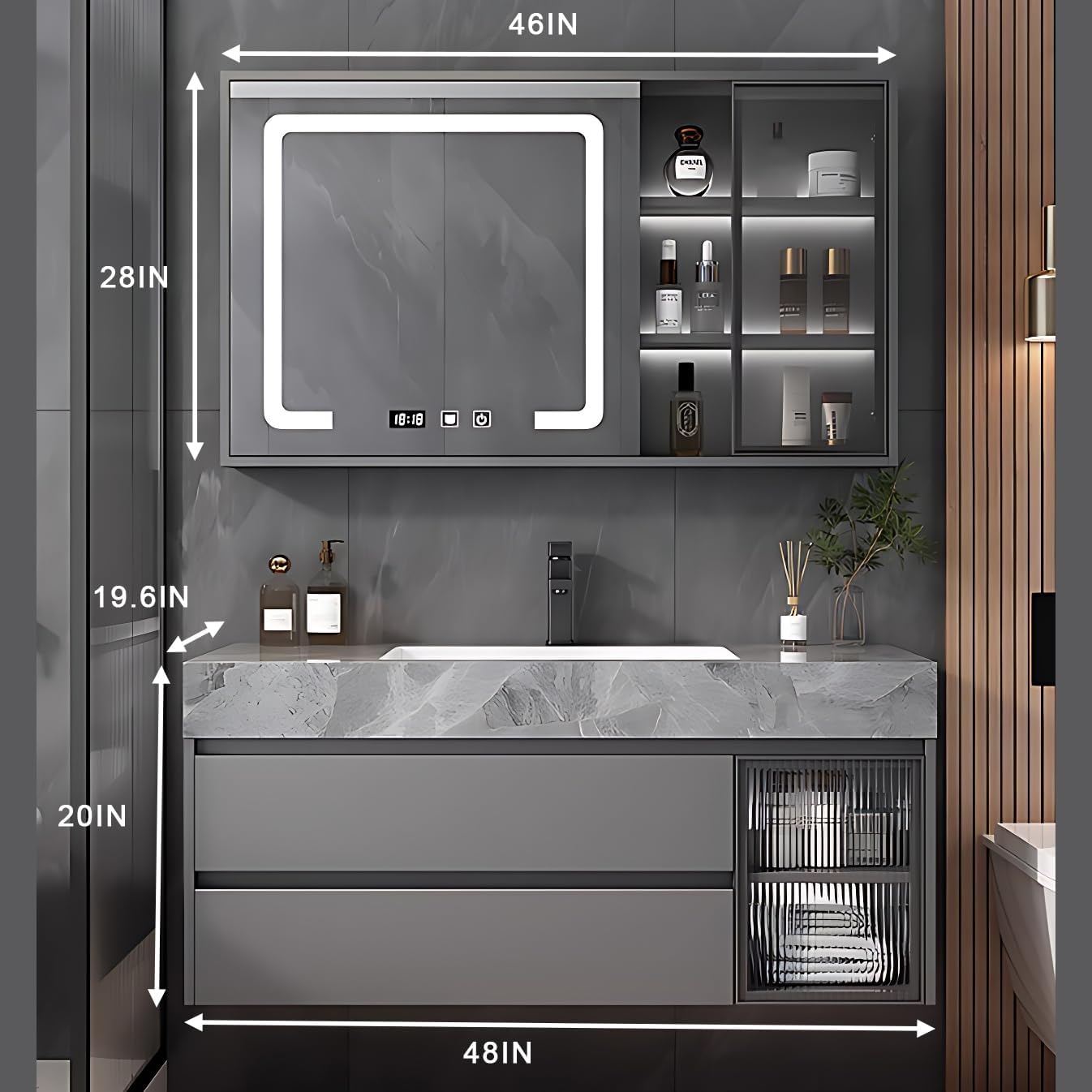 Gray 48IN Modern Bathroom Vanity - Wall-Mounted Bathroom Storage Cabinet & Bathroom Vanity with Sink, Bathroom Medicine Cabinet Wall Mounted, Defogging & Led Lighting | Bathroom Cabinet Slim