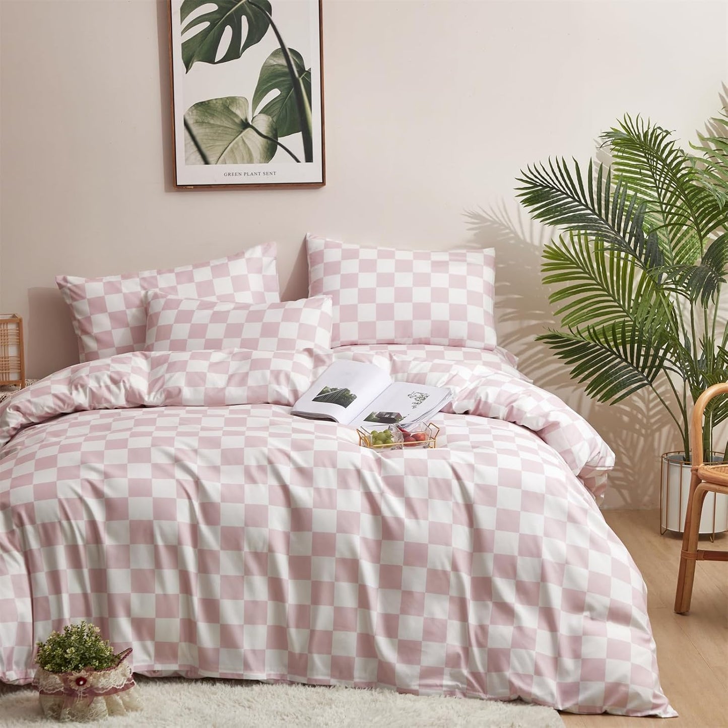 KAREVER Pink White Grid Comforter Set Cal King Pink Plaid Bedding Set Women Pink White Checkered Bed Blanket Set Men Durable Breathable Bedding Comforter Set