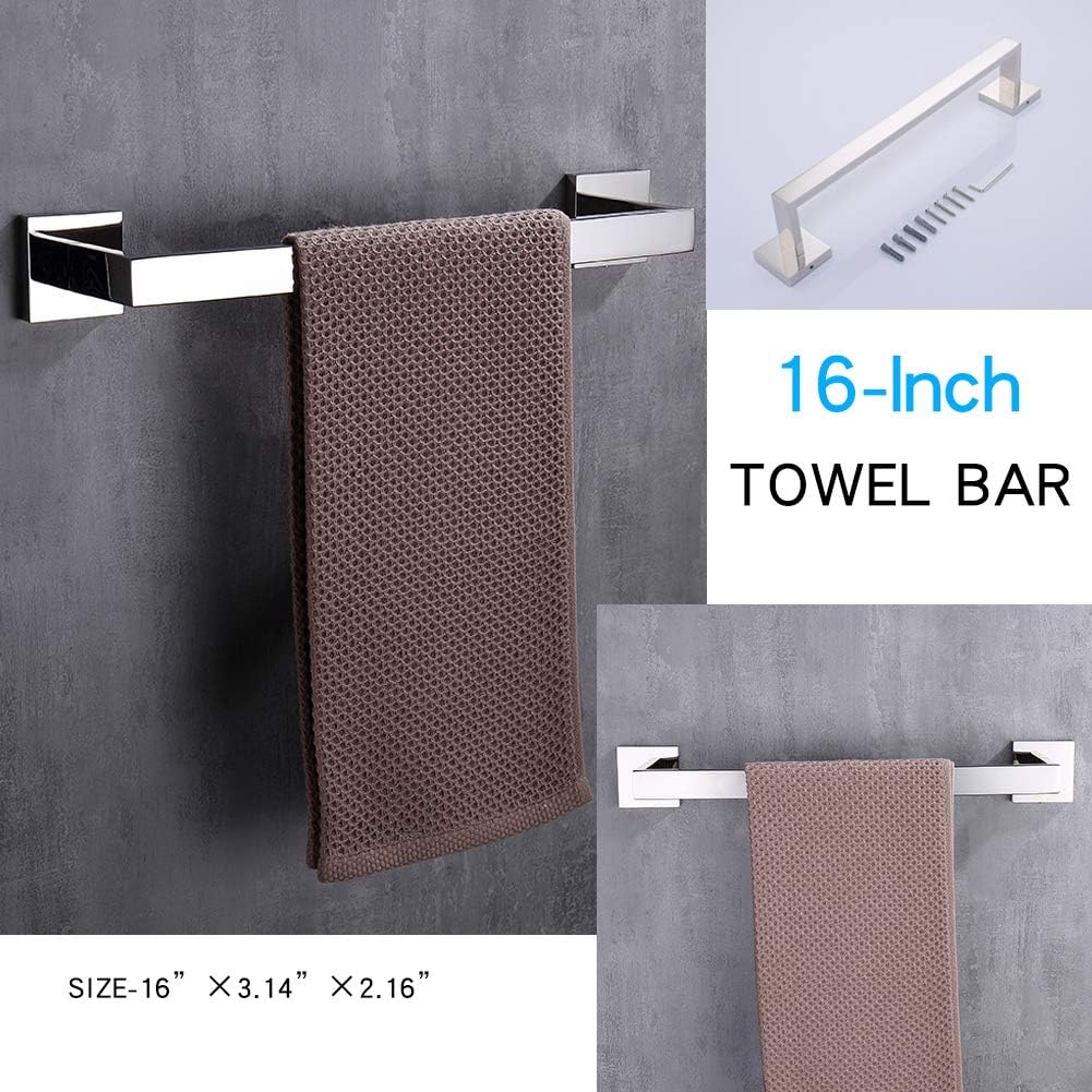 TASTOS 3-Piece Chrome Bathroom Hardware Accessory Set, Premium Stainless Steel Robe Hook Toilet Paper Holder 16-Inch Towel Bar Set Wall Mounted Square Style, Polished Finish (Silver)