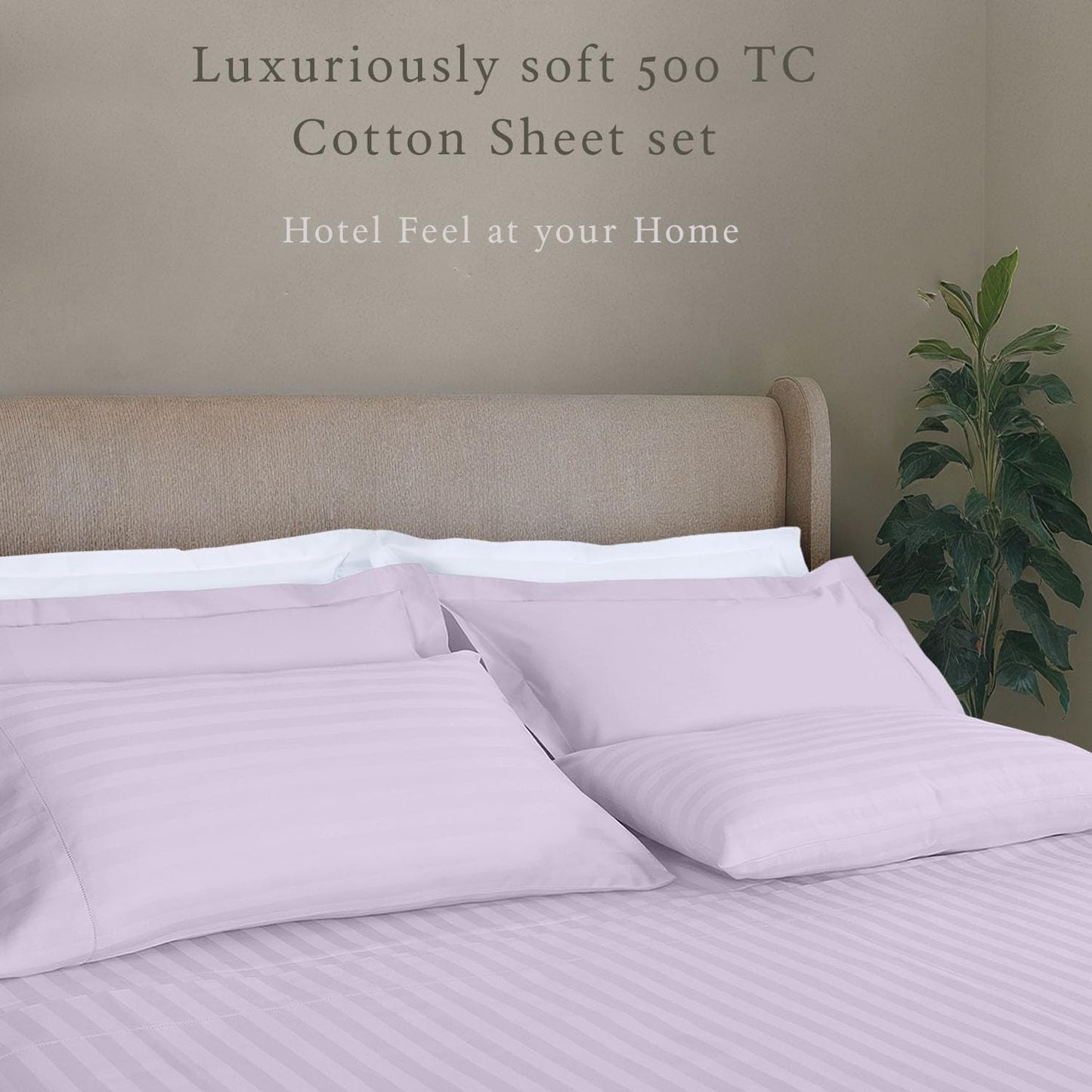 Threadmill 500 Thread Count Twin-XL Size Damask Stripe, 3 Pc Luxury Cotton Sheet Set, Breathable & Silky Soft Lilac Sheets with 15" Elasticized Deep Pocket, 1 Pillowcase & Free Tote Bag