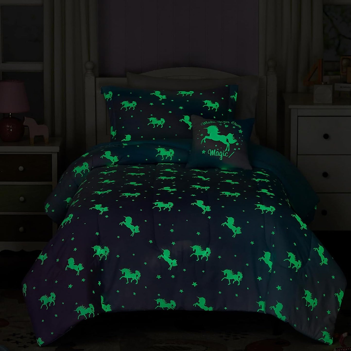 Twin Comforter Set for Girls-3 Pieces Unicorn Glow in The Dark Twin Bedding Sets for Kids,1 Comforter,1 Sham and 1 Decor Pillow