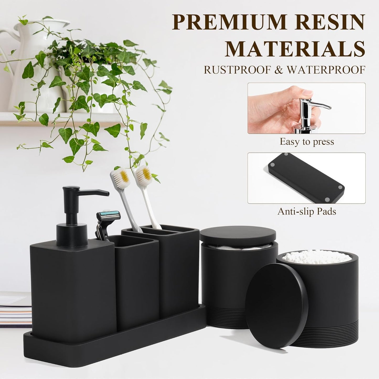 Bathroom Accessories Set, 6 Piece Bathroom Set with Toothbrush Holders, Soap Dispenser, Vanity Tray, Tumbler, Cotton Swab Jars, Bathroom Organizer，Bathroom Sink Sets, Matte Black