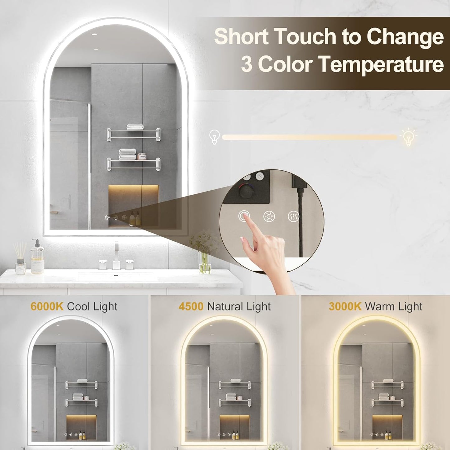 Arched LED Mirror for Bathtoom 24"x36", Brushed Nickel LED Bathroom Mirror with Lights-Fogless, Dimmable, Shatterproof, Touch Sensor, 3 Color Changing