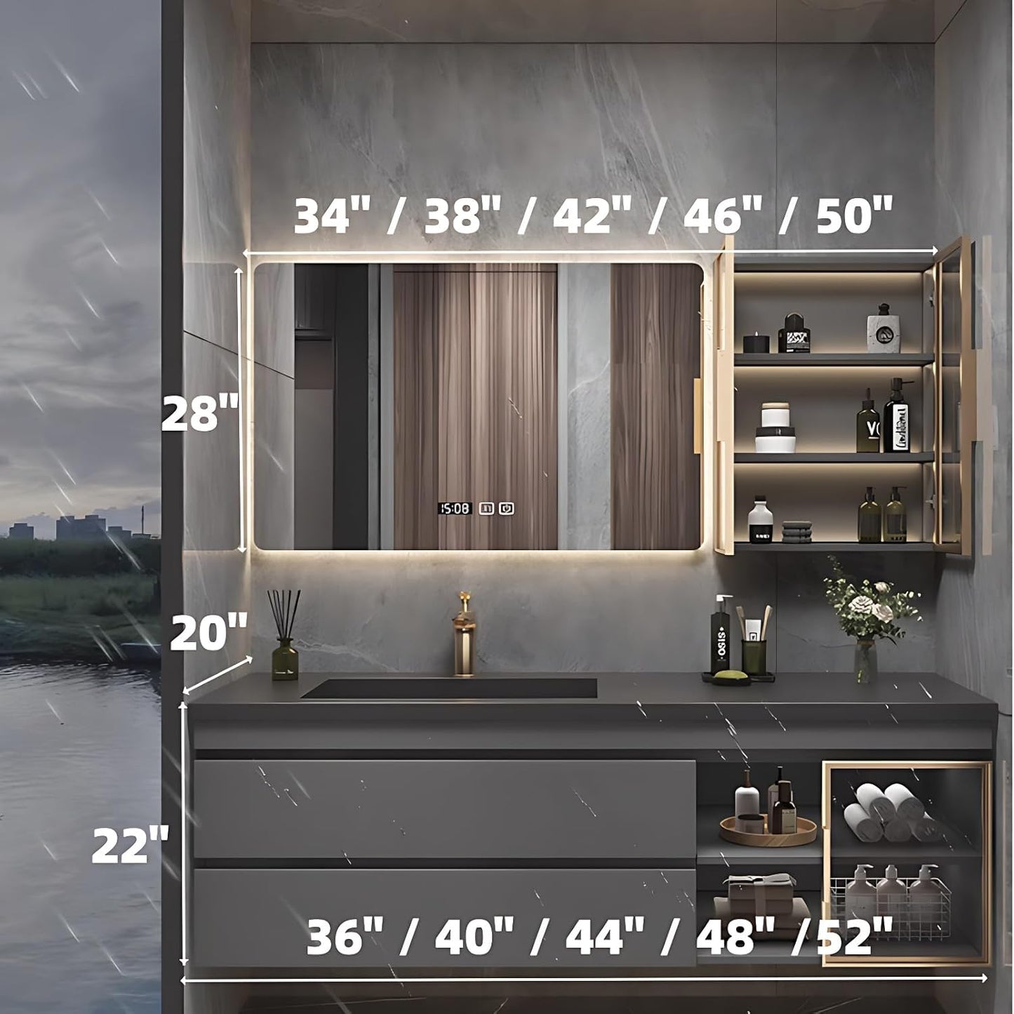 Bathroom Vanity with Sink - Luxury Bathroom Vanities, Floating Vanity with Smart Defogging Mirror, Multi-Layer Solid Wood Material - Complete Accessories (40")