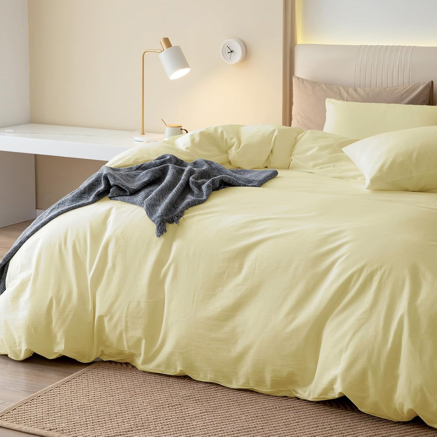 JIYUAN 100% Washed Cotton Duvet Cover Set 3 Pieces Full, 1 Duvet Cover 80x90 Inches(Comforter Not Included) and 2 Pillowcases,Linen Feel Bedding Set Comfy and Breathable,Light Yellow